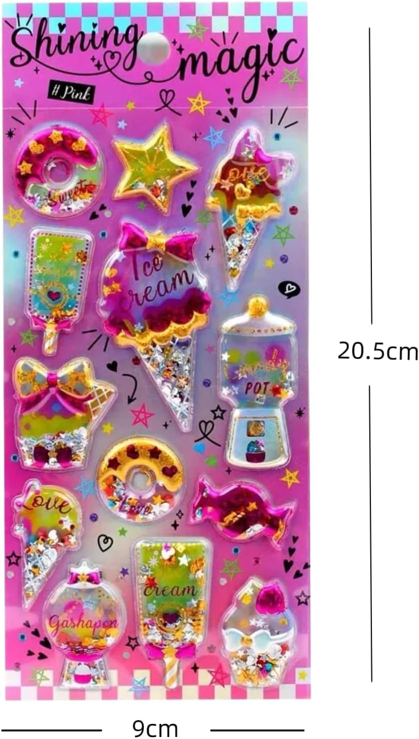 Kids Puffy Stickers for Girls, 120 PCS 3D Reward Stickers with Shaking Sequins,Party Favors with Cute Sparkly Gem for Birthday Gift