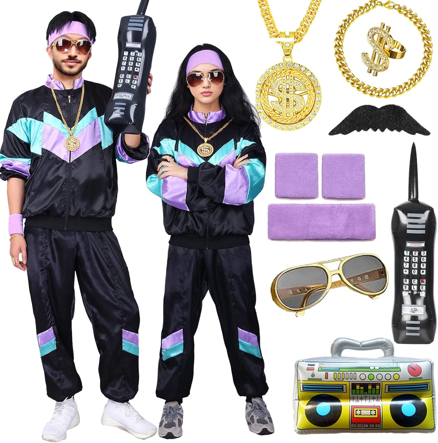 Shell Suit Costume Set 80S Fancy Dress Men Women Tracksuit with Glasses Headband Wristbands for Carnival Parties Halloween