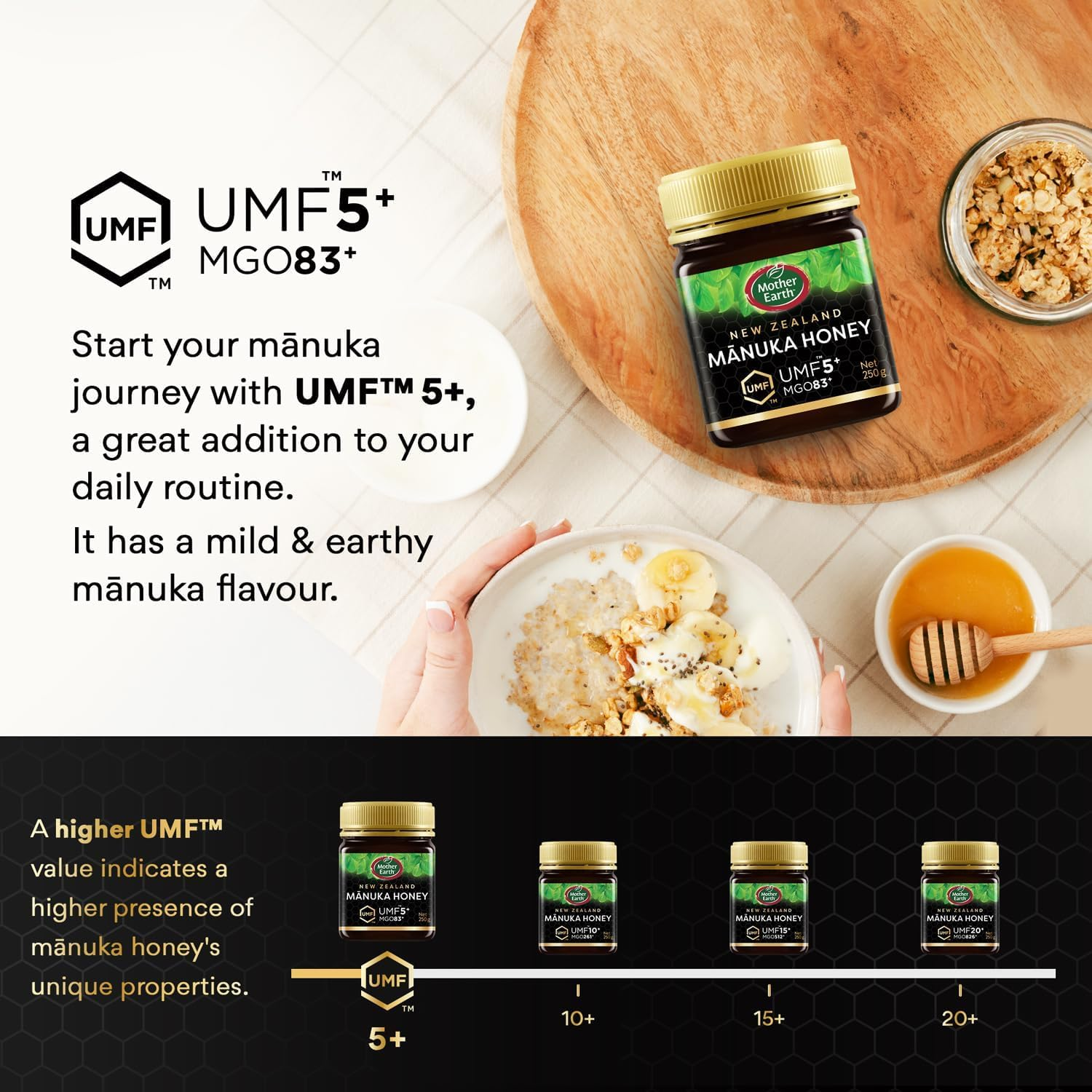 Mother Earth UMF 5+ (MGO 83+) Manuka Honey, 250G | Premium, Authentic, Monofloral UMF Certified Manuka Honey from New Zealand. Exceptional Natural Sweetener for General Health and Wellbeing - Umf 5+ 500G image number 3