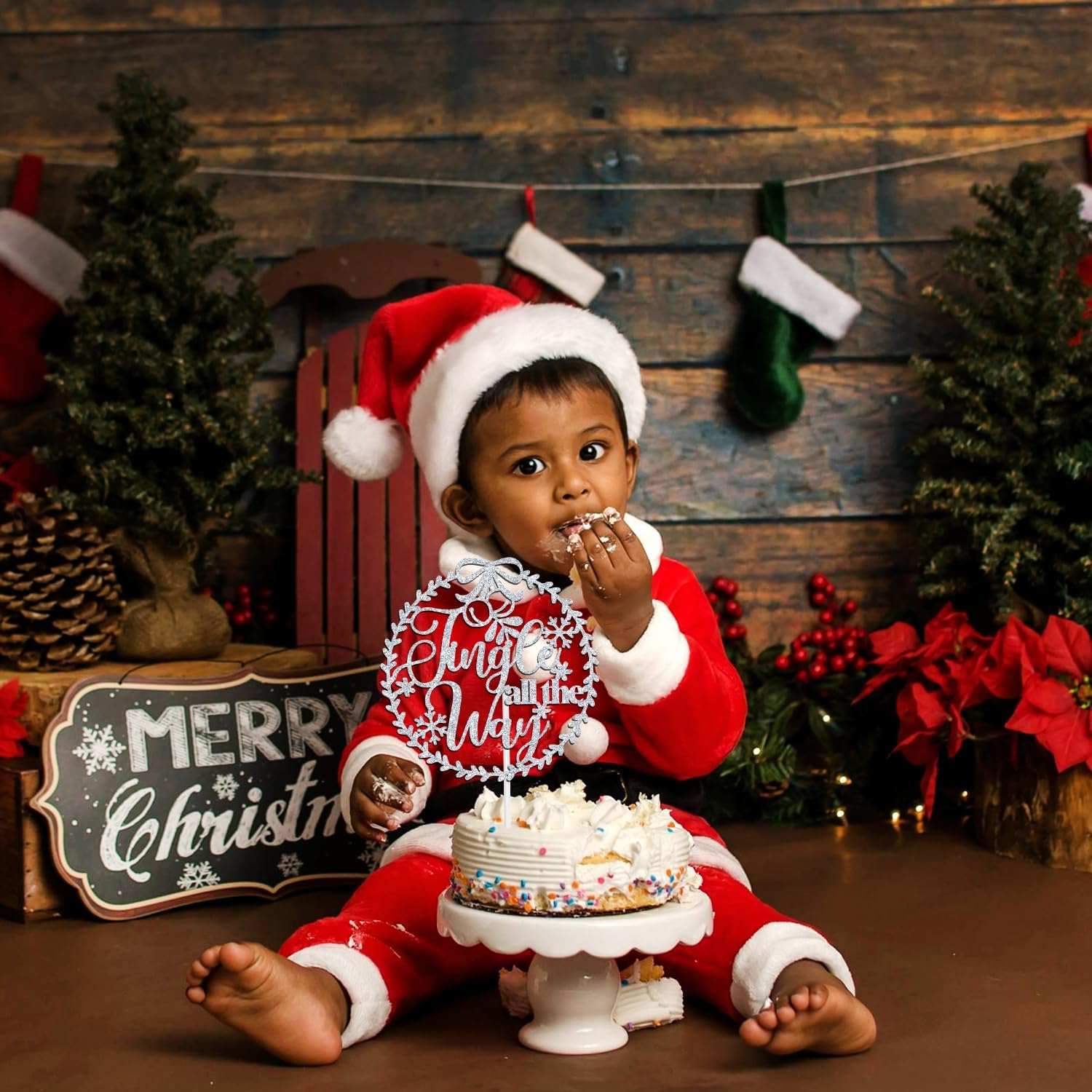 Jingle All the Way Cake Topper, Merry Christmas, Santa Cake Decor, Joyeux Noel Happy New Year Winter Christmas Holidays Eve Party Decoration Supplies, Silver Glitter image number 5