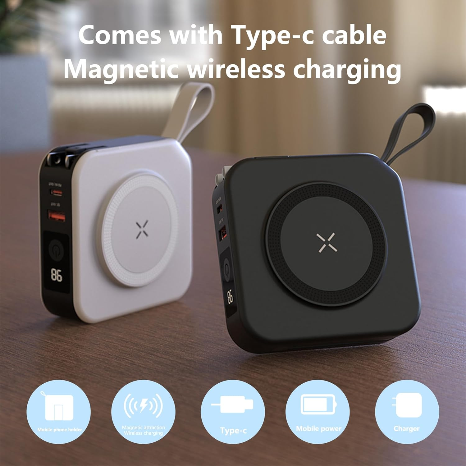 10000Mah 20W Universal 4 in 1 Travel Power Bank Wireless - for Magsafe Battery Pack, Power Pack with Built in Cable - Portable Fast Charging Adapter for Iphone 15/14/13/12 Series, Samsung (White) image number 4