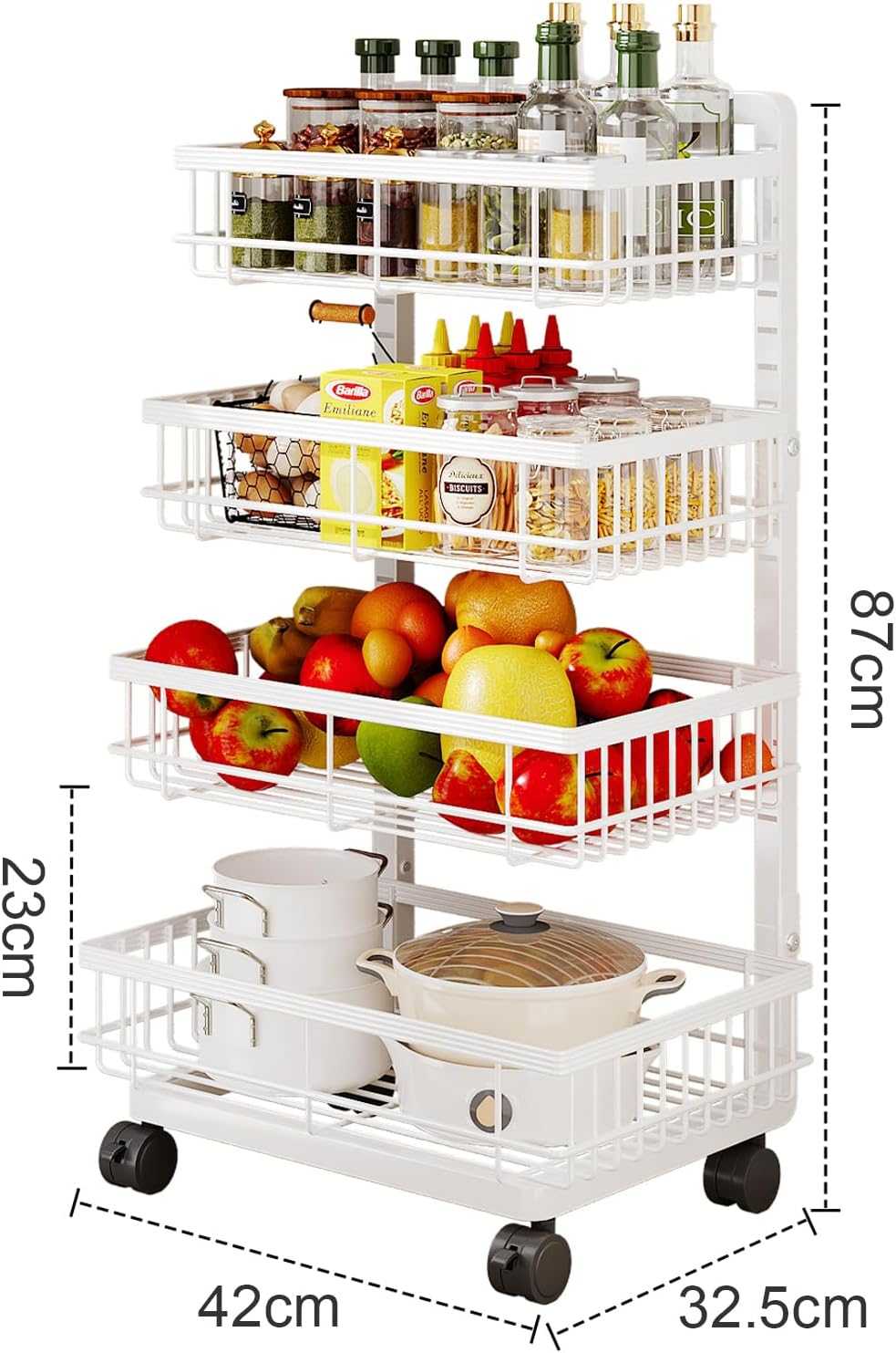 4-Tier Utility Rolling Cart, Metal Storage Cart with Wheels, Versatile Rolling Storage Snack Carts, Adjustable Fruit Vegetable Basket Rack for Pantry, Bathroom, Kitchen, Office (White) image number 4