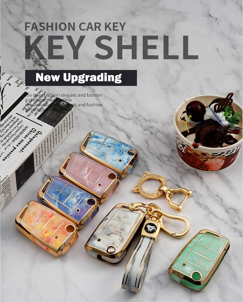 Ontto Tie-Dye Colour Car Key Fob Cover Fit for VW Golf 7 MK7 Polo T-ROC Tiguan Skoda Superb Octavia Seat Leon Ibiza Flip TPU Key Case Keyring Keychain Key Holder Accessories Pink - Pink image number 5