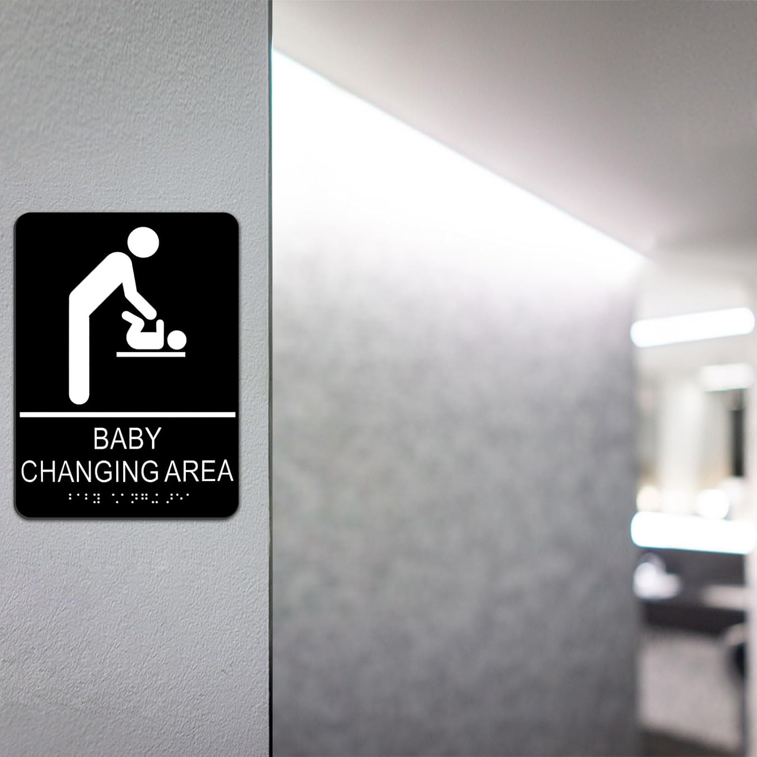Baby Changing Area Sign for Business, ADA Compliant Braille Restroom Sign, 8.27 X 5.9 Inch Diaper Changing Station Sign with Adhesive Back, Black Acrylic Baby Changing Station Sign image number 5