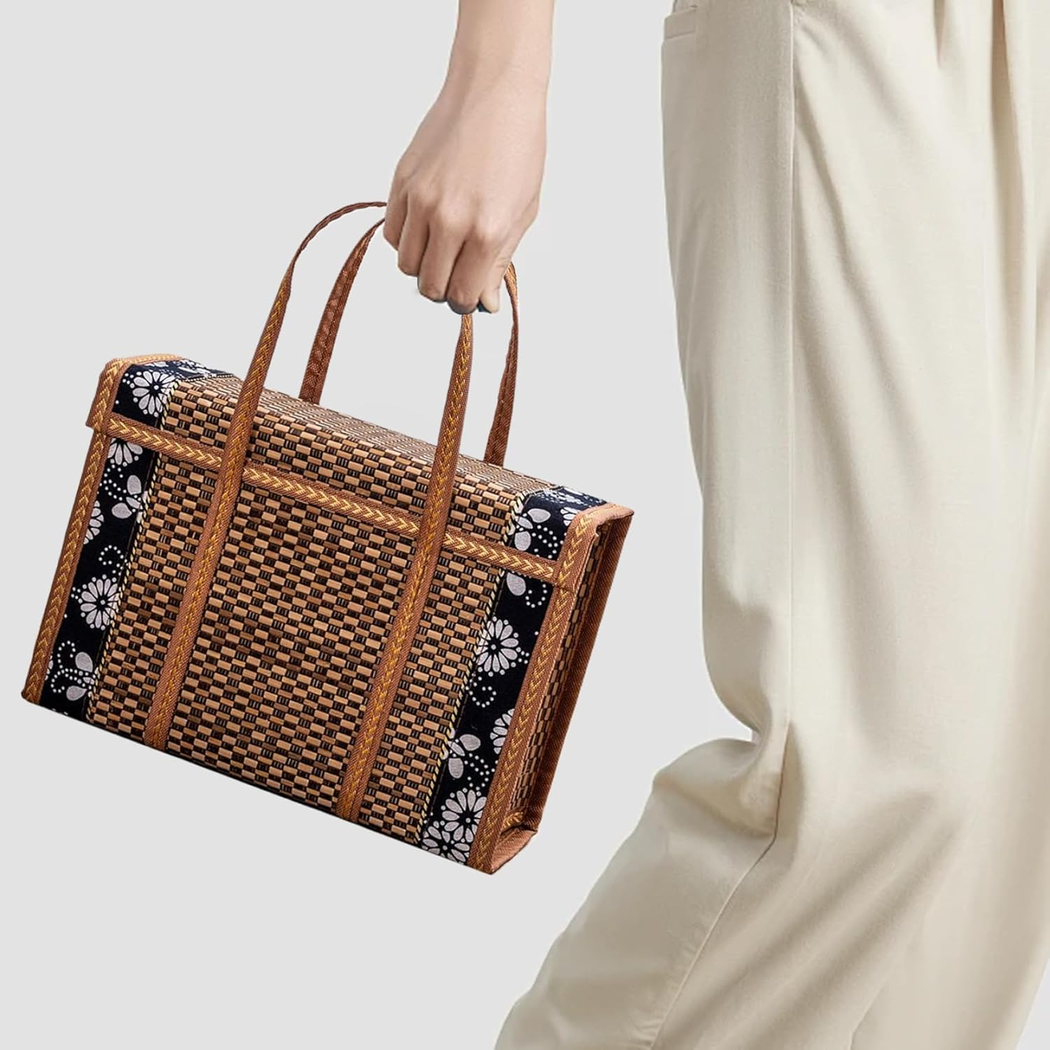 Bamboo Shopping Basket with Lid 14X6X10 Foldable Woven Picnic Bag with Floral Trim & Carry Handle