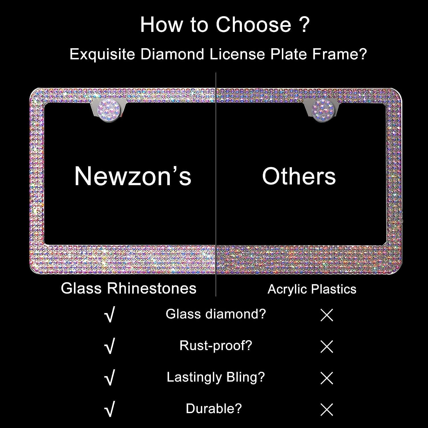 Newzon AB Bedazzled Crystal Car License Plate Cover 2 Pieces, Color Bling License Plate Frames with High End Ribbon Gift Box, Diamond Car Accessories with Coaster, Rhinestone Ignition Ring for Women image number 2