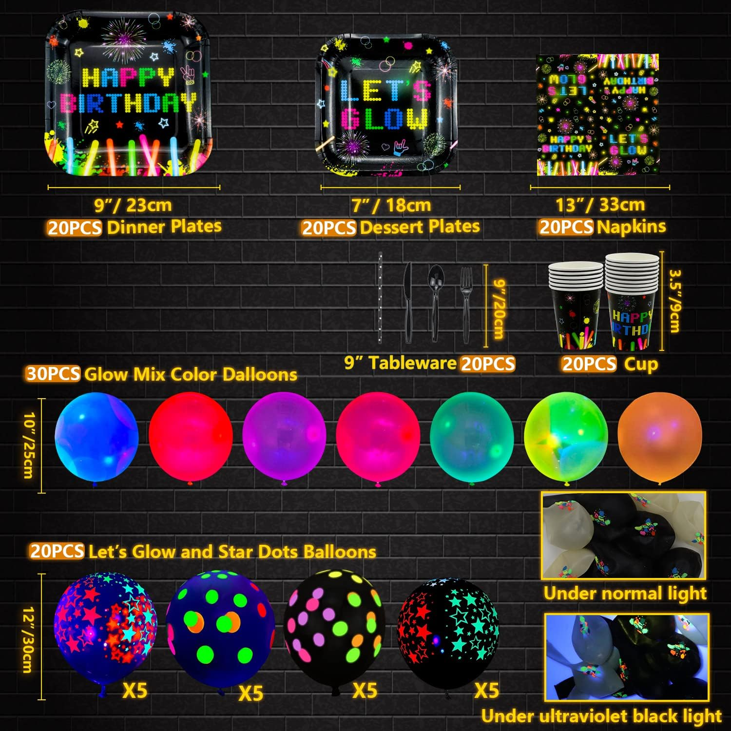 224 PCS Glow Neon Party Supplies Neon Glow Tableware Set Neon Balloon Glow in the Dark Birthday Banner Hanging Swirl Cake Toppers for Blacklight Party Decoration Serves 20 (Glow Set A) image number 3
