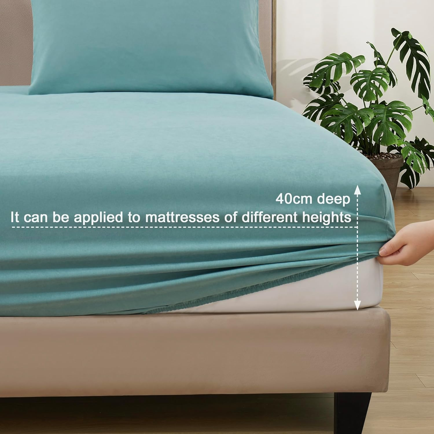 3 PCS Double Sheet Set, 1200TC Breathable and Ultra Soft Double Size Bed Sheets Set with Fitted Deep Pockets 40Cm, 1 Bedding Fitted Sheets & 2 Pillowcases (Grayish Green, Double) image number 3