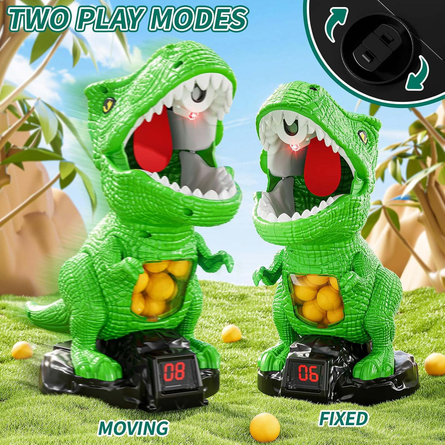 JUKUDAHU Dinosaur Shooting Toys for Kids Age 3 4 5 6 7 - Moveable Dinosaur Toy with Scoreboard, Light Sound Spraying, 12 Toy Balls, Competition Game Gifts for Boys Girls Age 5-7 6-8 8-10 (Green) image number 3