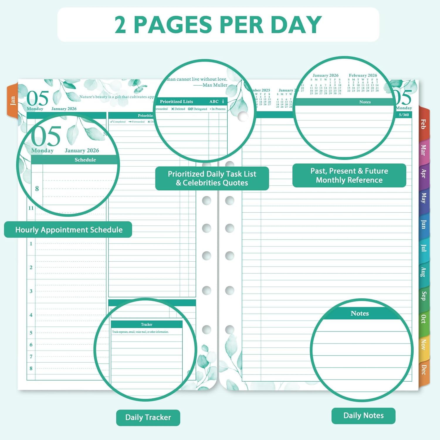 Planner Refills - 2026 Planner Refills, January 2026 - December 2026, 2 Pages per Day Daily ＆ Monthly Planners, A5 Planners Inserts, 5.51" X 8.38", Daily Tracker, 7-Hole Punched image number 3