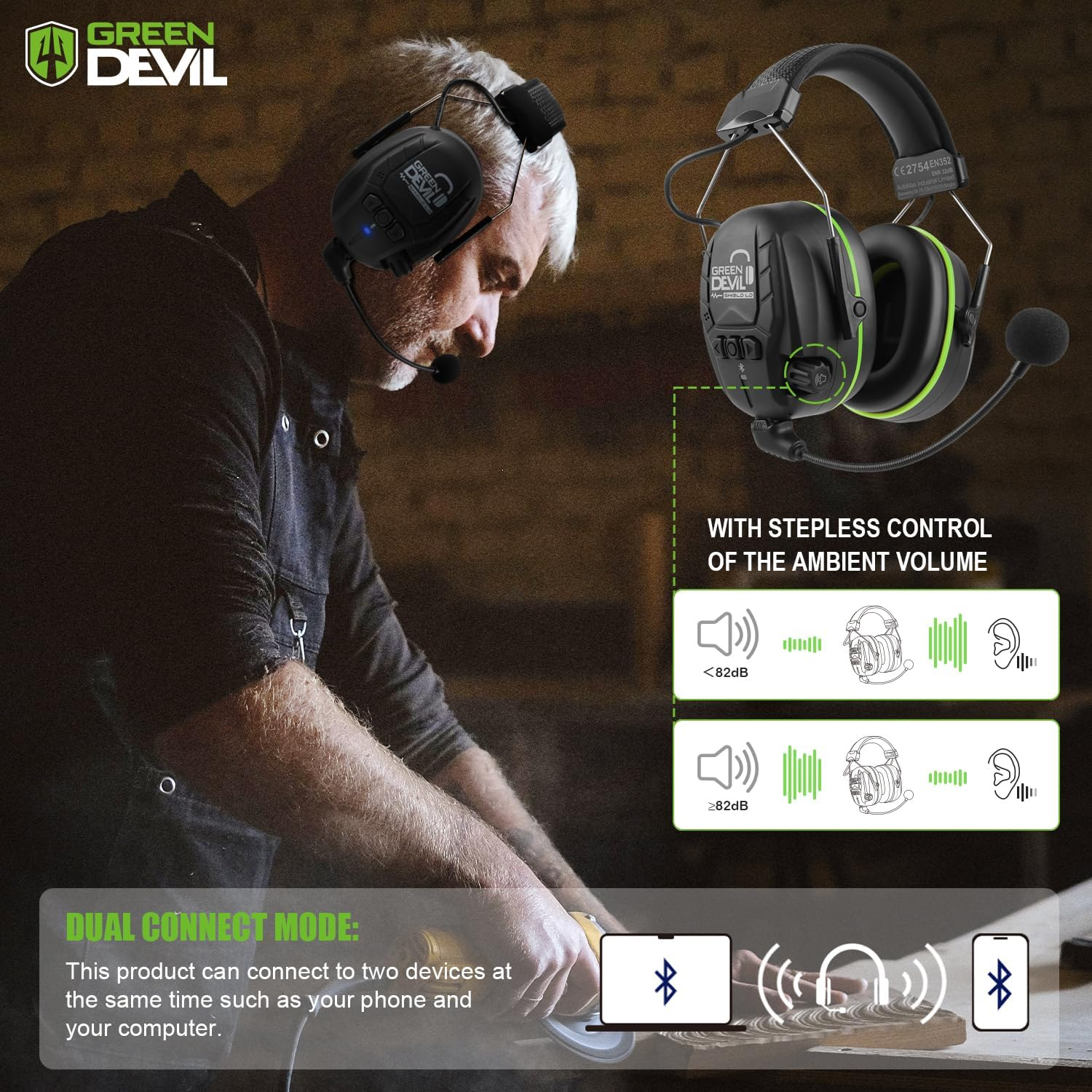 GREEN DEVIL Electronic Bluetooth Hearing Ear Protection Headphones with Boom Microphones 27Db Noise Cancelling Earmuffs - Orange image number 4