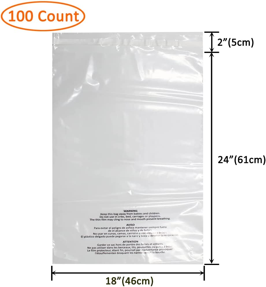 Belinlen 100 Count 18X24 Inch Self Seal Clear Poly Bags with Suffocation Warning for Packaging, Shipping & FBA with Permanent Adhesive (1.5Mil) image number 1