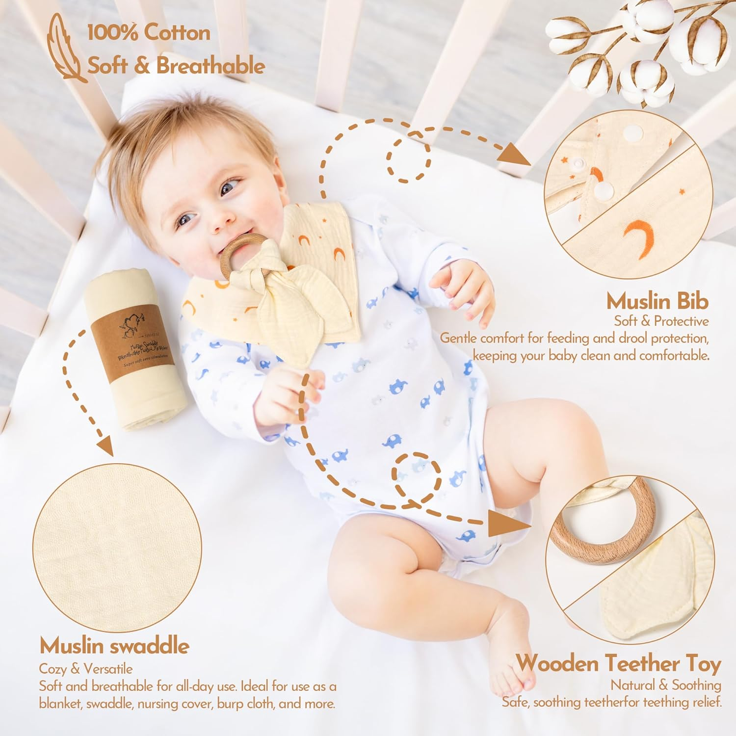 Premium Baby Shower Gifts Basket - 100% Cotton Baby Essentials with Muslin Swaddle Blanket, Keepsake Kit, Bib & Teether Toy | Baby Boy Gifts & Girl Gifts image number 3