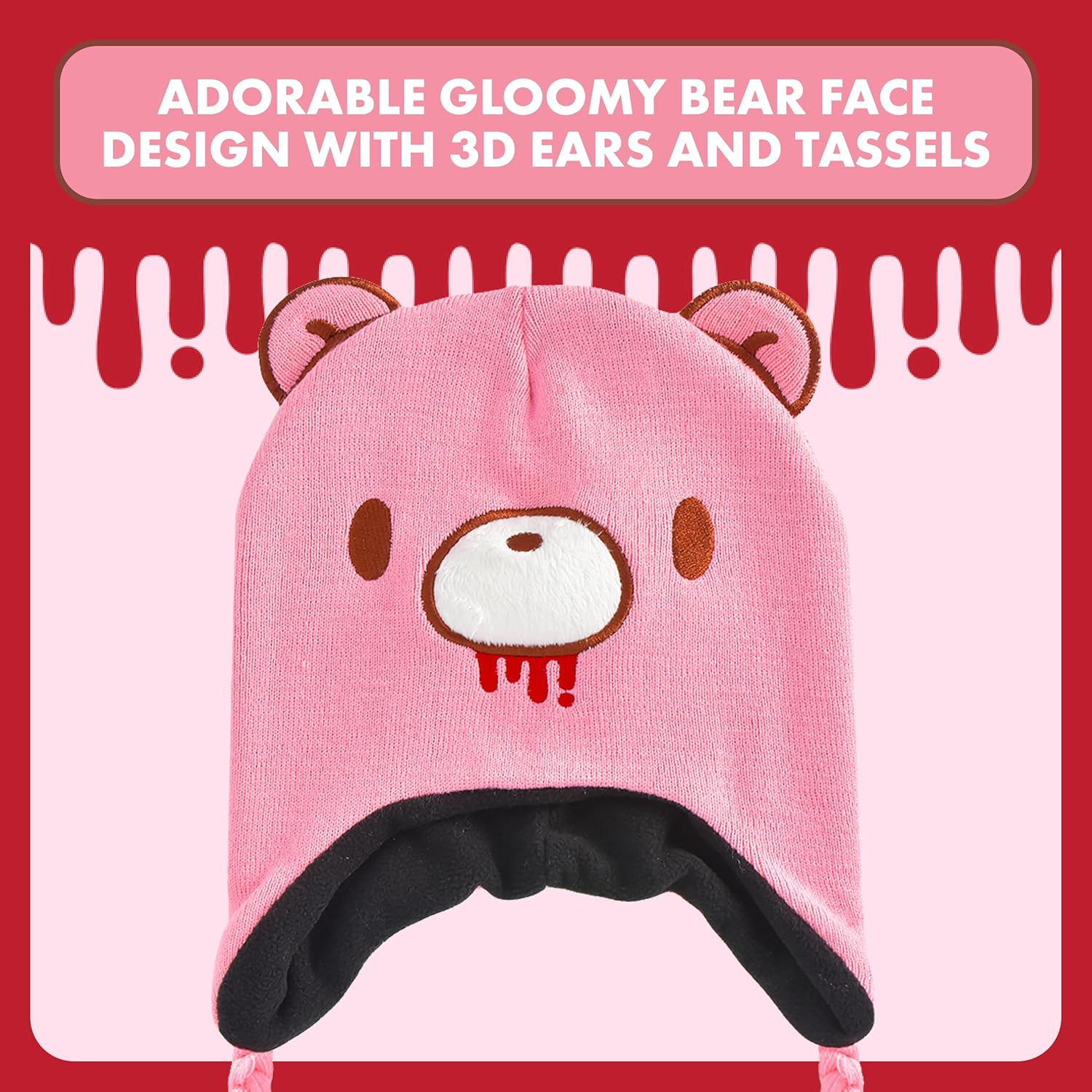 Concept One Gloomy Bear Beanie Hat, Peruvian Winter Knit Cap with 3D Ears and Tassels image number 2