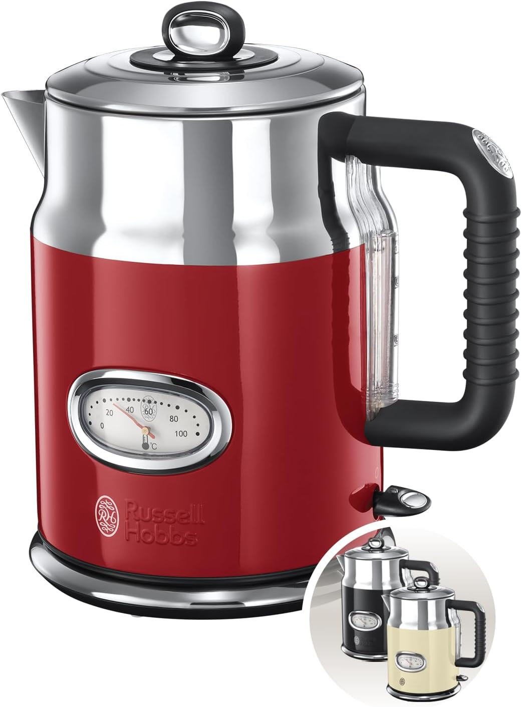 Russell Hobbs Kettle [1.7 L, 2400 W] Retro Red and Polished Stainless Steel (Quick Boil Function, Water Temperature Display in Retro Design, External Water Level Indicator) Vintage Tea Maker 21670-70