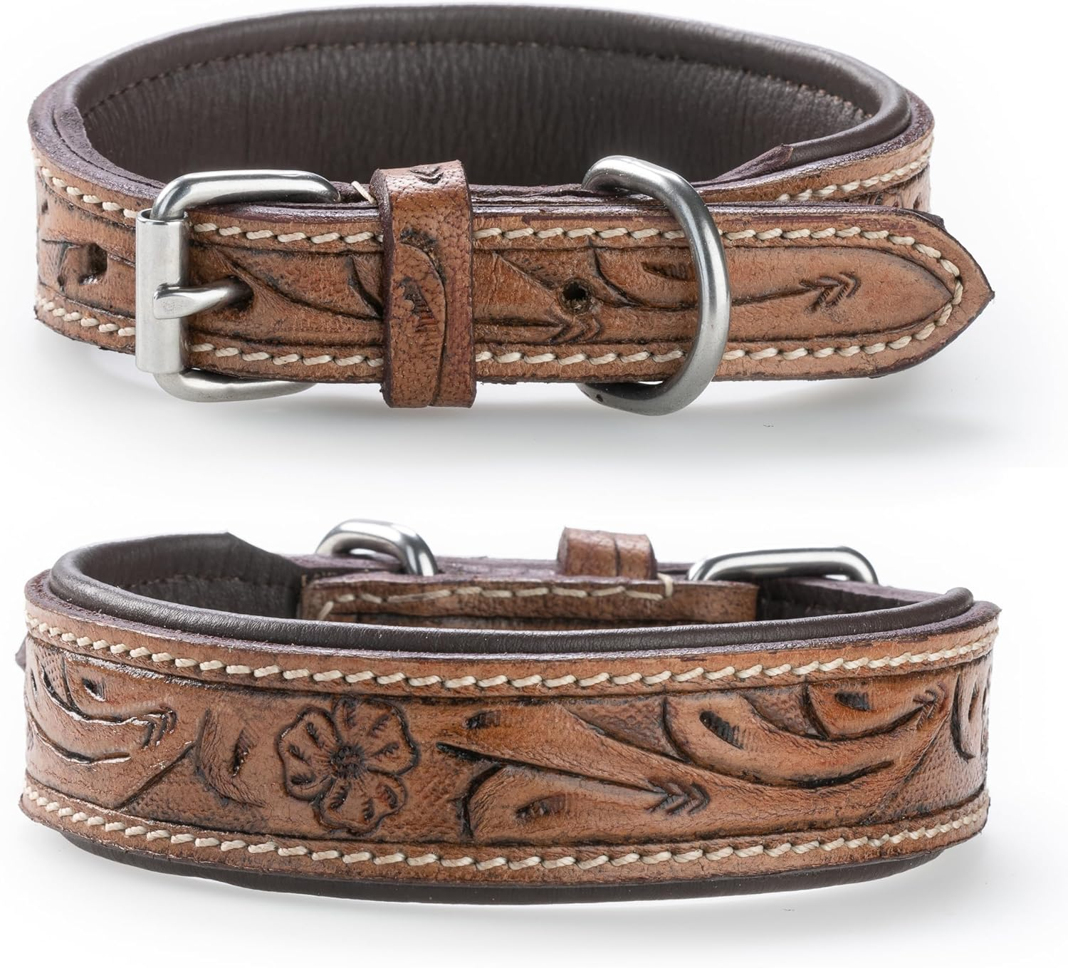 Exclusive Leather Dog Collar with Carved Floral Patterns/Ornaments - Buffalo Leather Collar - Padded Dog Leather Collar Abey (L (41-49.5 Cm)