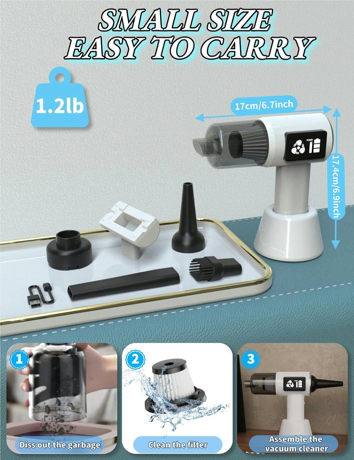 SLTLTD Car Vacuum Cleaner 22000PA - 5-In-1 Handheld with Compressed Air & LED Display | Portable for Car Accessories, Pet Hair, Home, Car Seat Cleaning (1, White) - Back image number 4