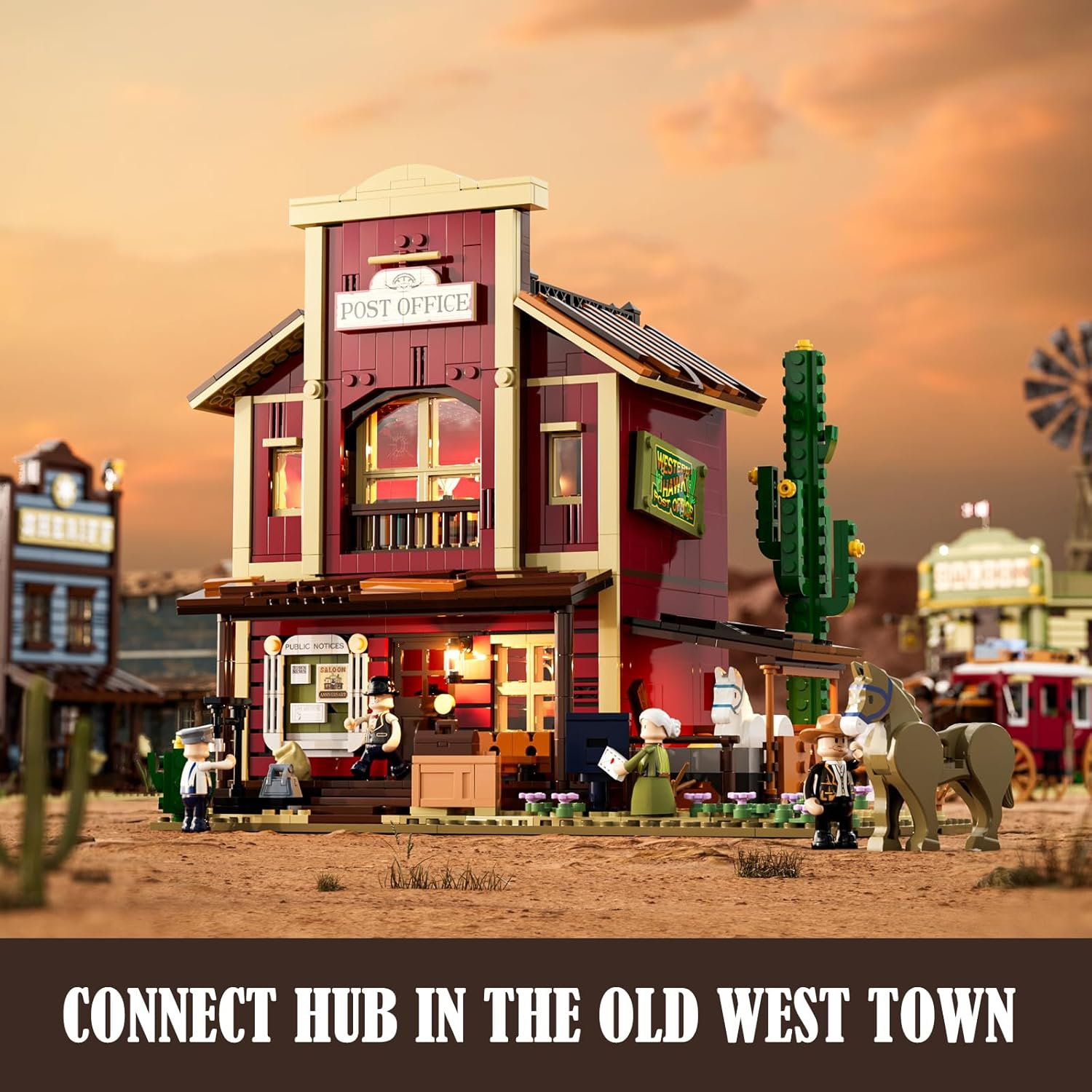 FUNWHOLE Old West Post Office Lighting Building-Bricks Set - 1692 Pcs the Wild West Town Collection Display Set for Adults and West Lovers image number 5