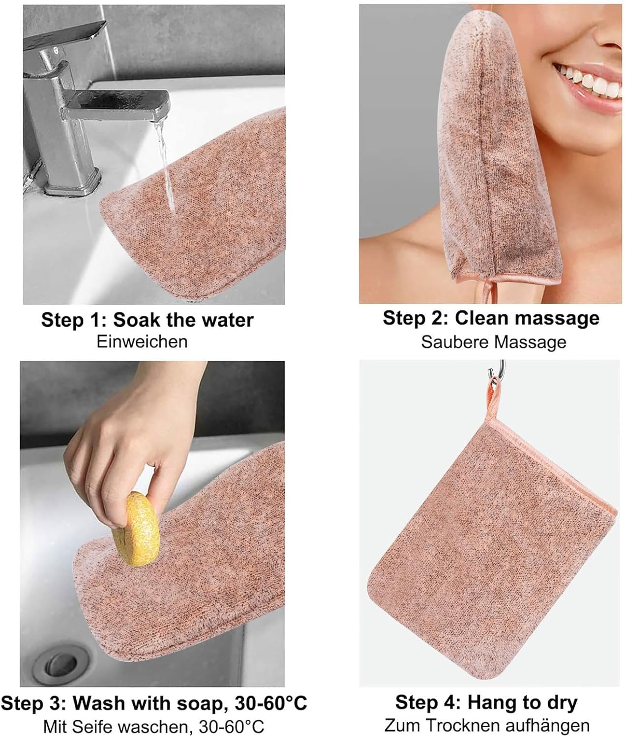 6 Pack Microfiber Body Wash Mitts, 6&times;8 Inch Super Absorbent & Soft Face Mitten, Coral Fleece Body Cleansing Bath Spa Cloth, Reusable Makeup Remover Mitt Gloves, 6 Colors (Pink) image number 1