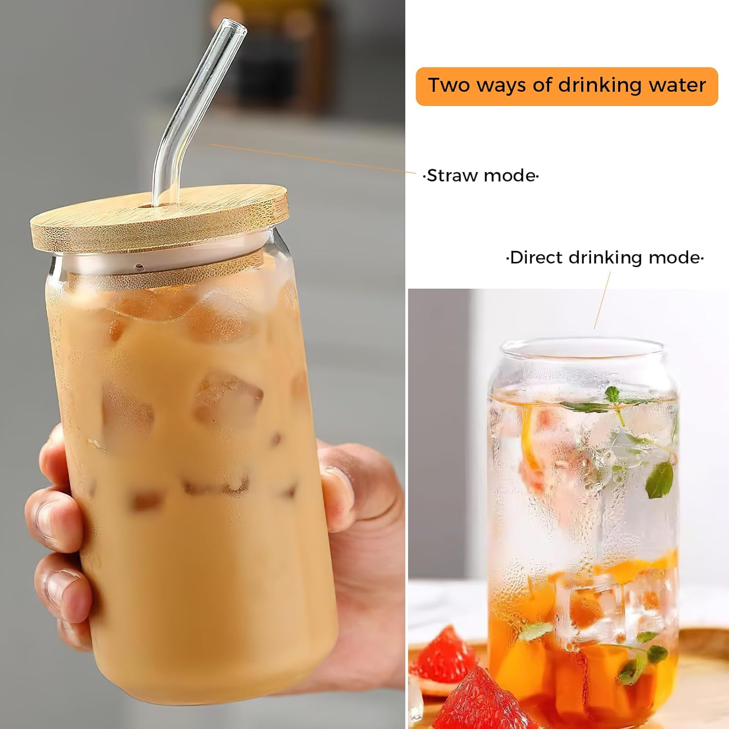 2Pcs Cup with Straw, Drinking Glasses with Bamboo Lids and Glass Straw, 17 Oz Can Shaped Glass, Smoothie Cup, Ideal for Drinks, Coffee, Cocktails, Whiskey image number 4