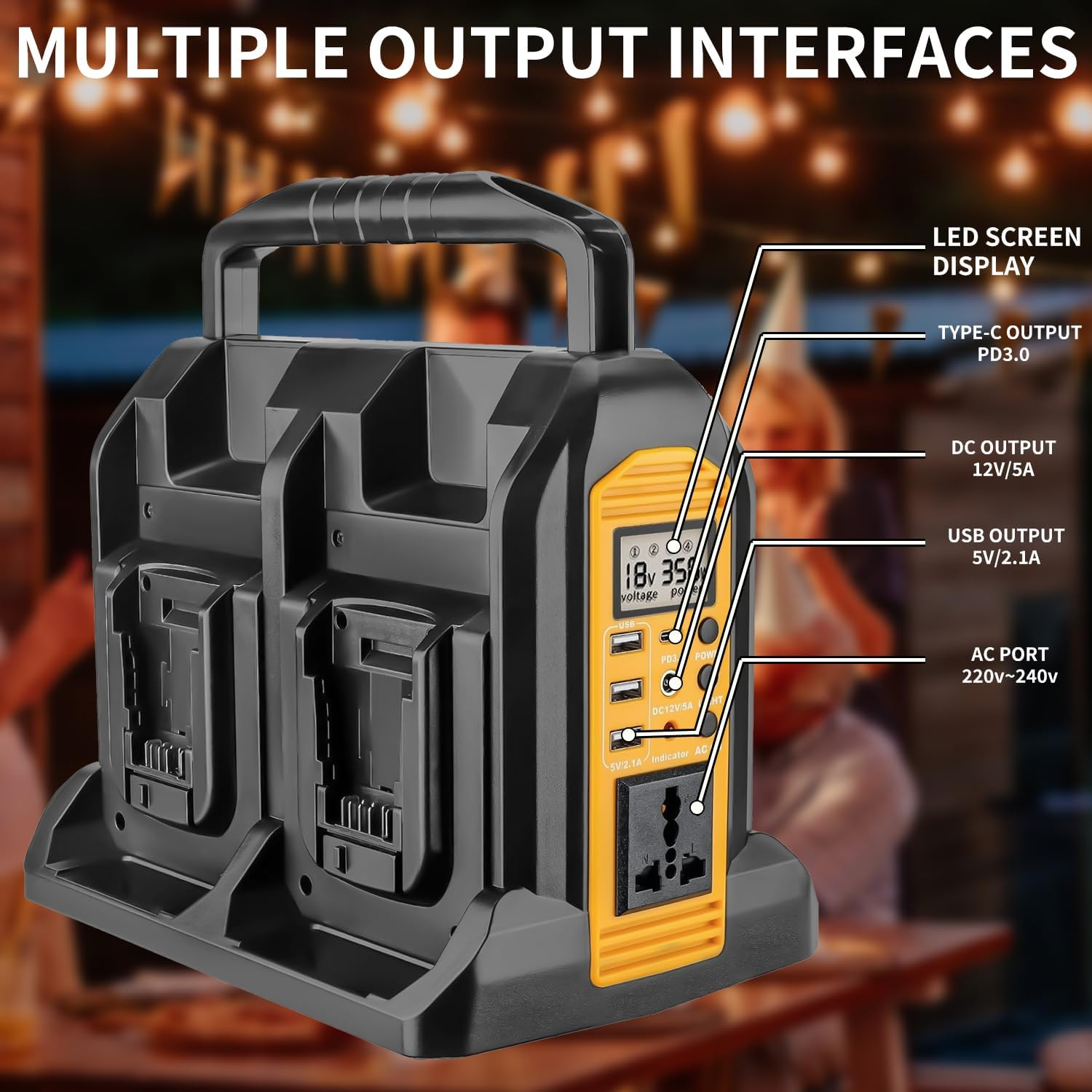 350W Pure Sine Wave Power Inverter Compatible with DEWALT 18V Battery,4-Slot Portable Generator with 3 USB-A, 1 USB-C and LED Display, DC 18V to AC 230V Converter for Outdoor, Camping, Home, Workship image number 1