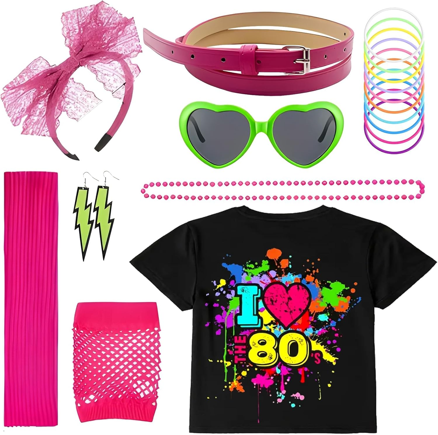 21PCS 1980S Girl'S Clothing and Accessory Set, 1980S Party Accessories, T - Shirt Printed with 80S Elements Matched with Necklace, Fishnet Gloves, Etc. for 80S Themed Party, Carnivals image number 3
