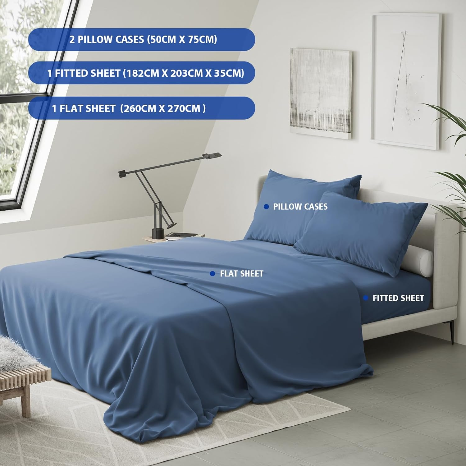 Fitted Sheet Set of 4,Ultra Soft Microfiber Bedding,Extra Deep Fitted Sheet 182X203Cm,2 Pillowcases,1 Flat Sheet,King Size,Blue