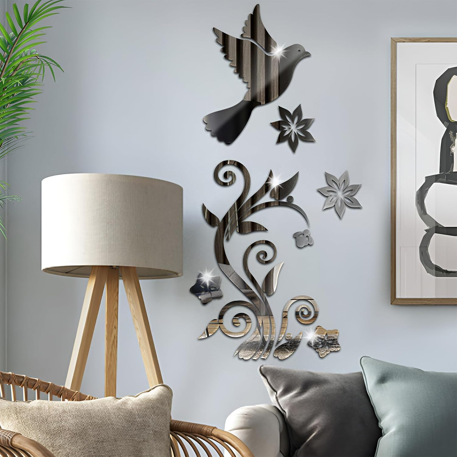 WUMUZAI Pigeon Flower 3D Acrylic Mirror Wall Stickers, Flying Bird Mirror Wall Decals Peel and Stick, Self Adhesive Wall Art Modern Home Decor for Living Room Sofa Backdrop Decoration (Silver) image number 3