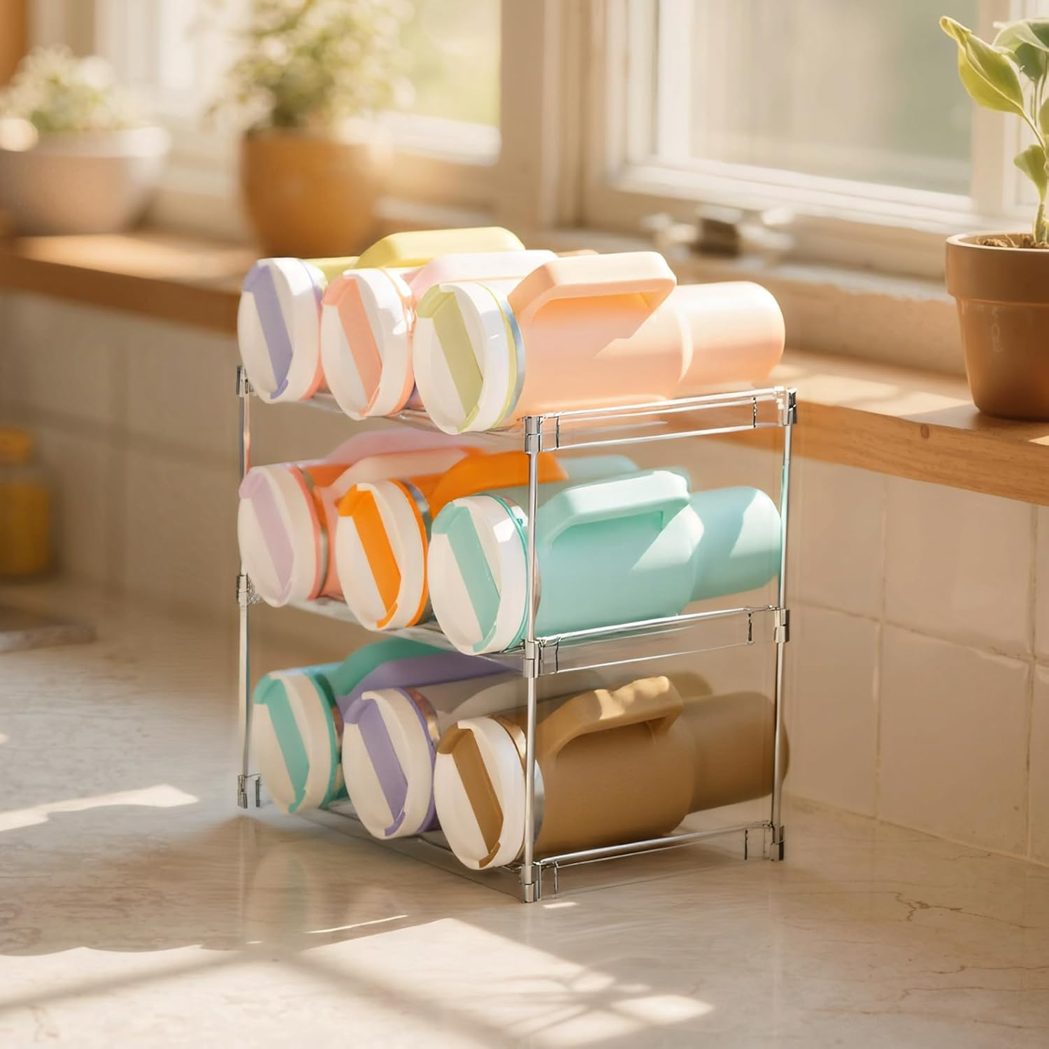 3 Tier Water Bottle Organizer Rack for Cabinet Kitchen Storage & Organisation, Stackable Bin Countertop Holds 9 Bottles Large Capacity Sports Bottles, Wine Rack, Tumbler Travel Mug Cup Holder (Clear) image number 2