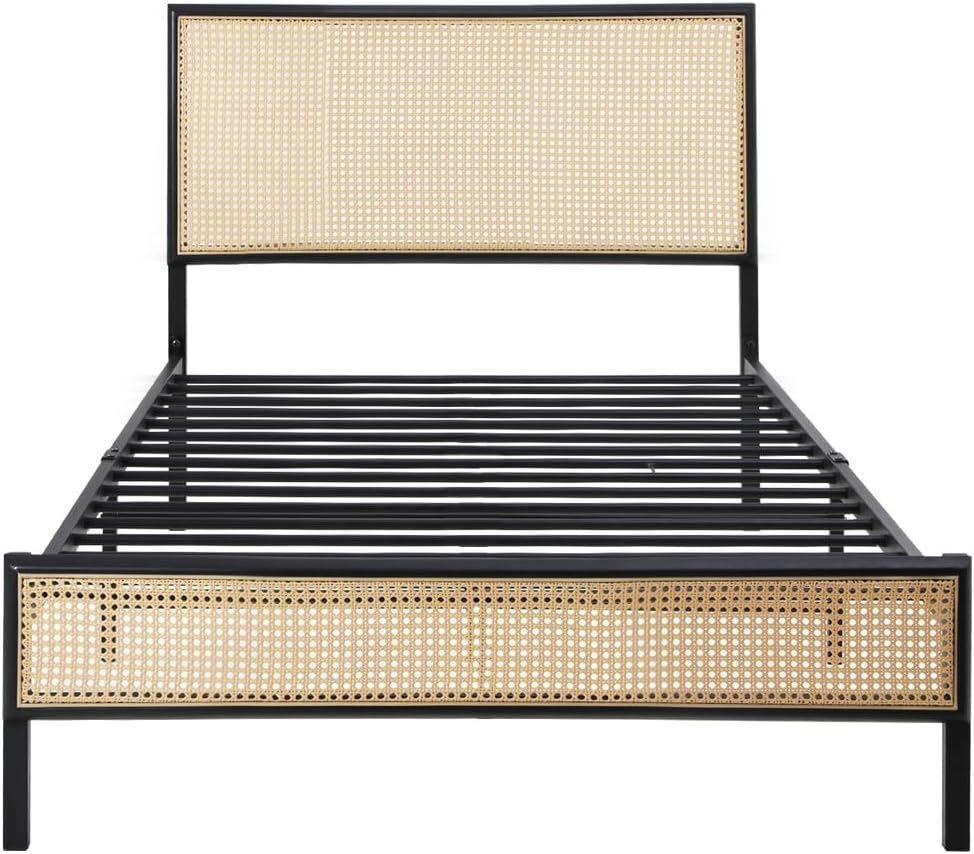 Oikiture Single Bed Base with Rattan Headboard and Steel Slat Single Bed Frame Mattress Platform Black
