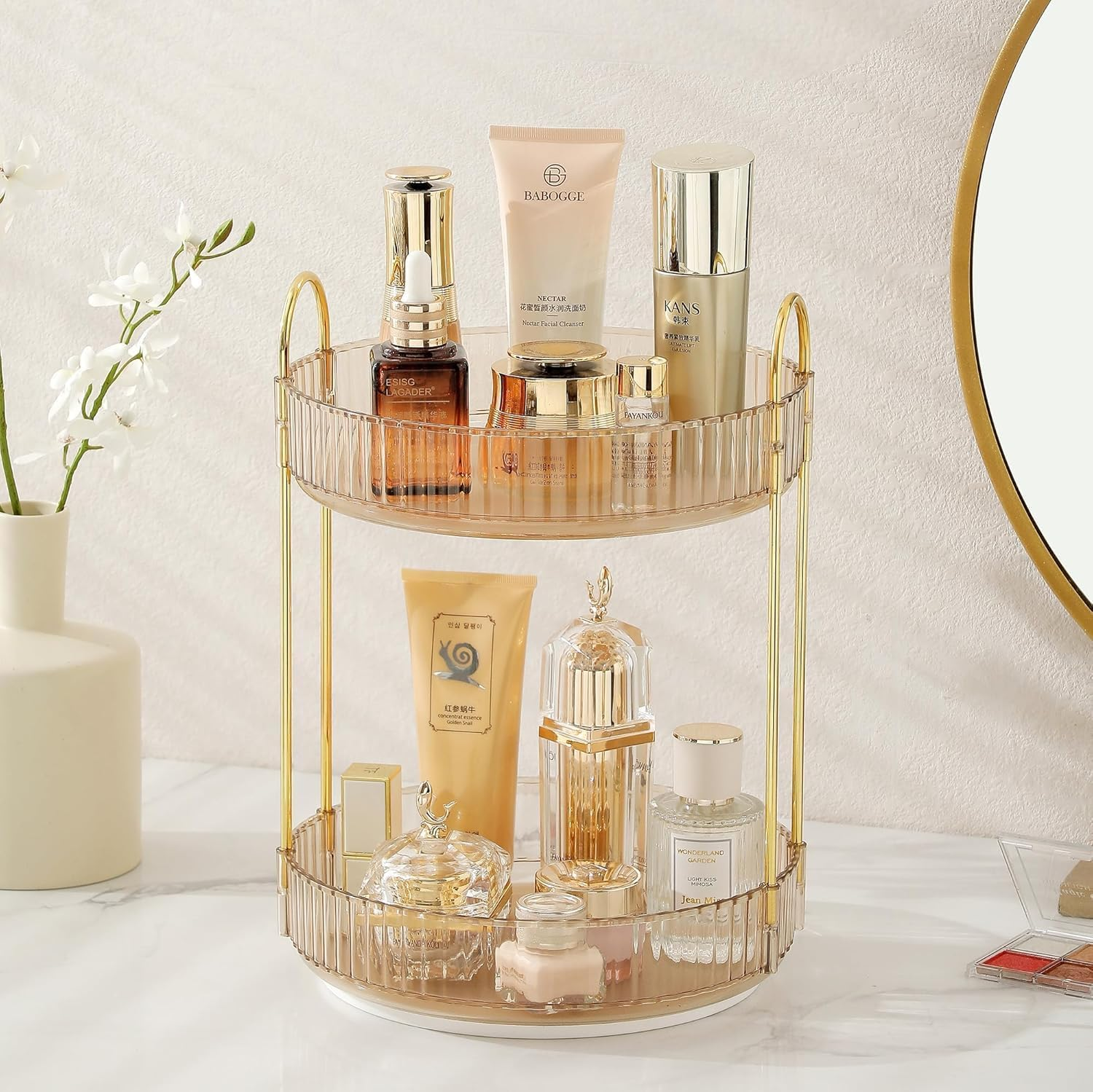 METOY Rotating Makeup Organizer for Vanity, Perfume Skincare Organizers Make up Storage for Bathroom Counter, Clear Spinning Cosmetic Lipstick Toiletry Organizer Holder (Pearl White, 2 Tier)