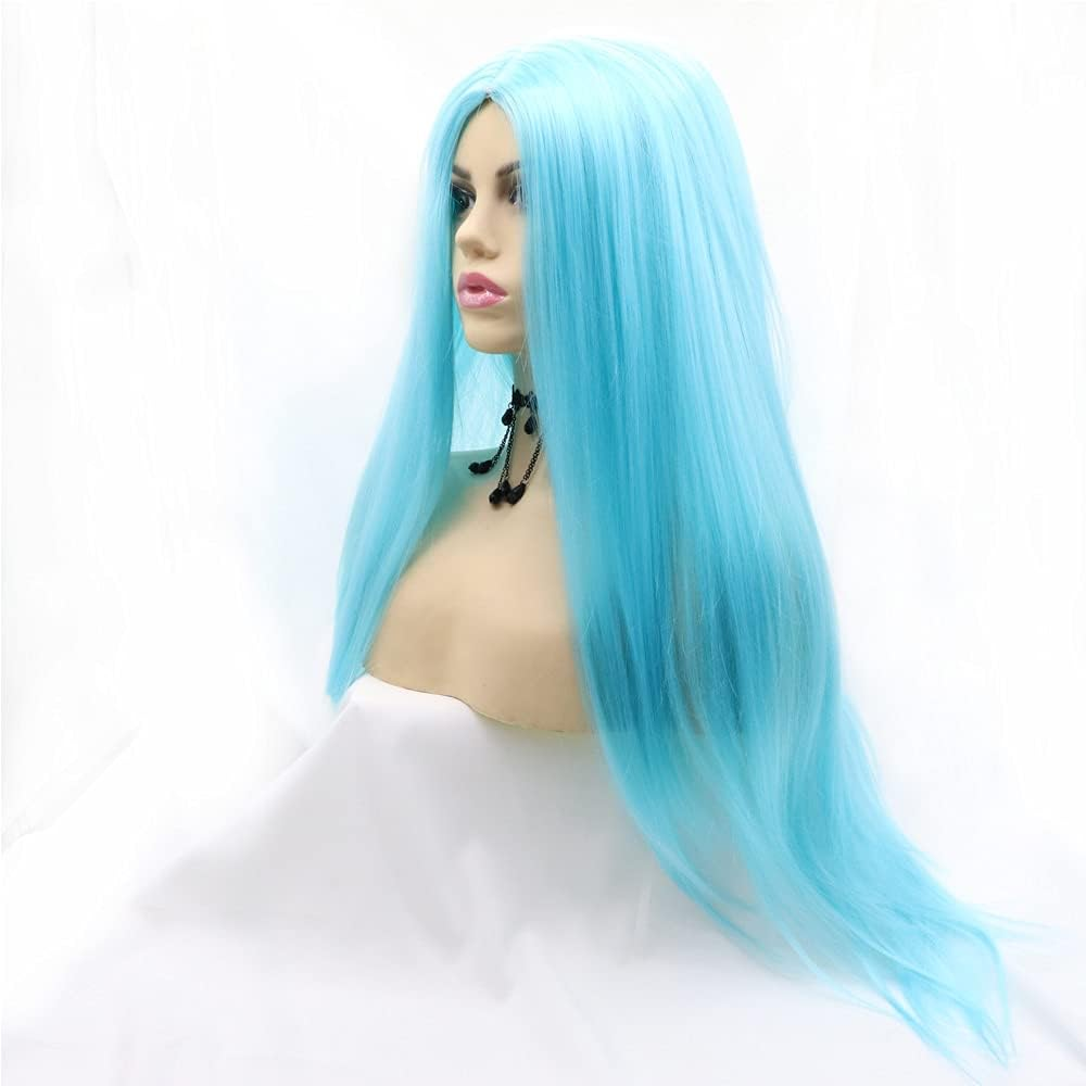 Xiweiya Wigs Long Straight Aqua Blue Synthetic Machine Made Wig Silky Full Heat Resistant Fiber Hair Middle Part Wig Free Wig Cap for Women 24 Inch for Family Makeup Party Cosplay image number 4