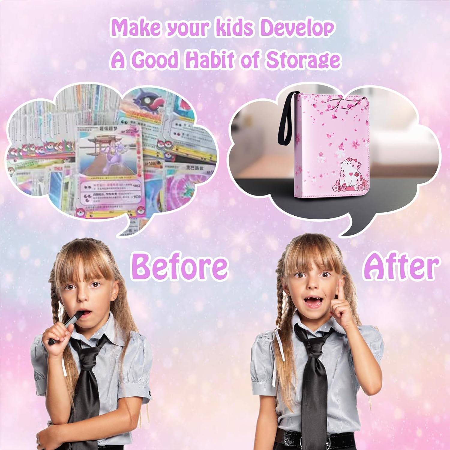 CLOKORIA Card Binder for Girls Gifts,440 Cards Collectible Trading Card Holder Case with 55 Sleeves, 4 Pocket for TCG Game Cards Collection Sports Trading Cards Collector Album (Sakura Cat) - Fish Scales image number 3