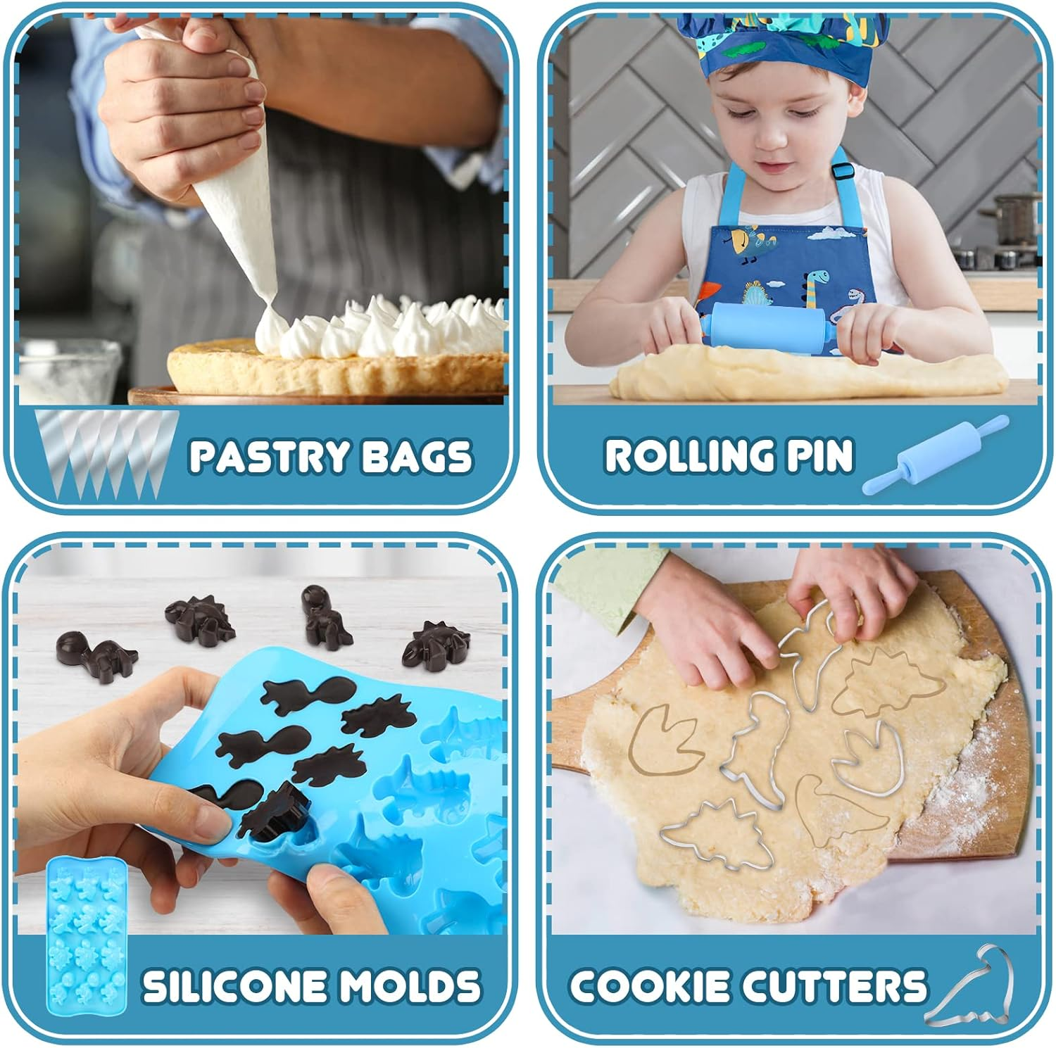 Aoskie Dinosaur Chef Toy Set, Kids Baking Set with Apron, Hat, Molds & Bags, Ages 3-8, Unisex image number 6