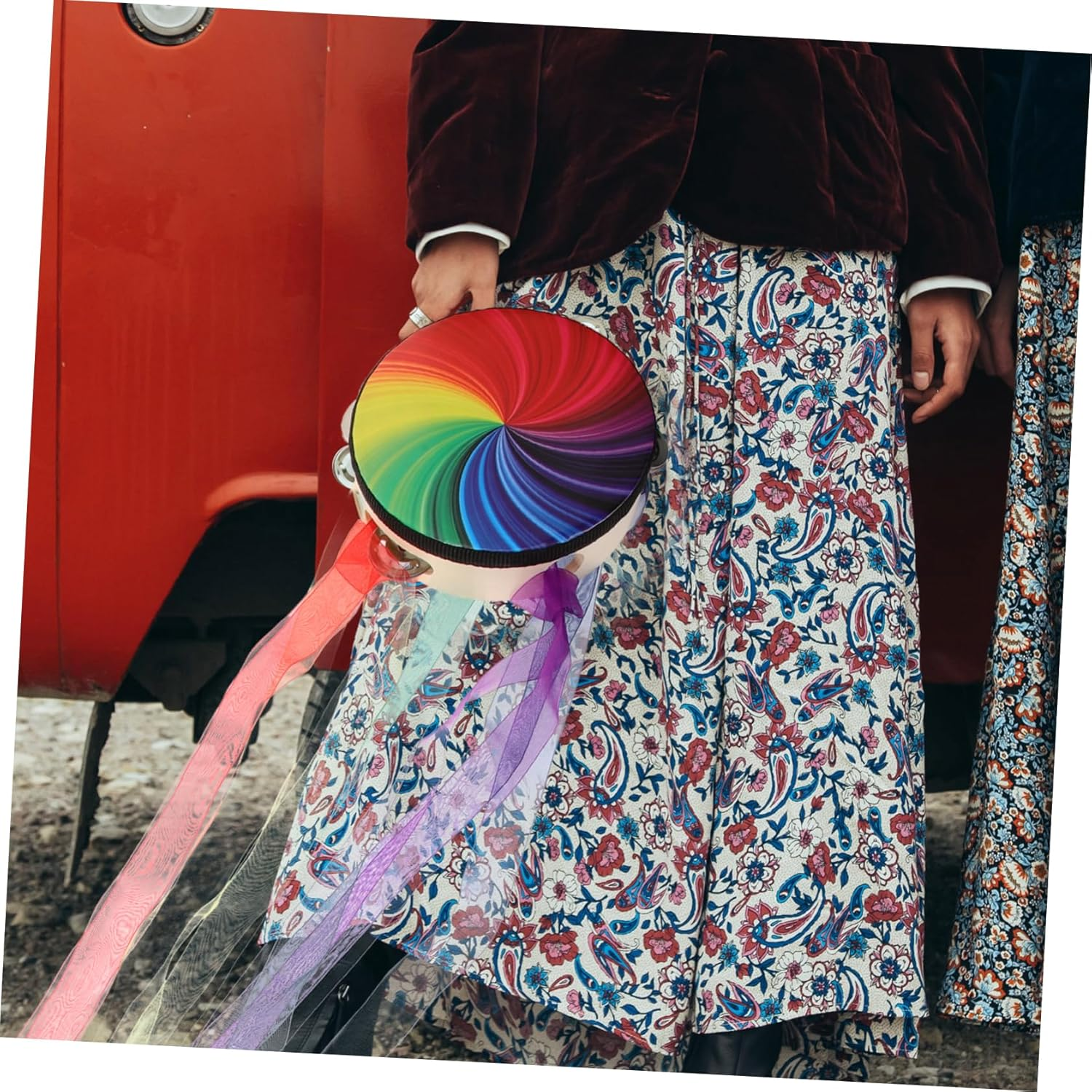 Minkissy Handheld Tambourine with Ribbons Percussion Drum for Dance Performances Lightweight and Durable for Stage Church and Music Lessons image number 3