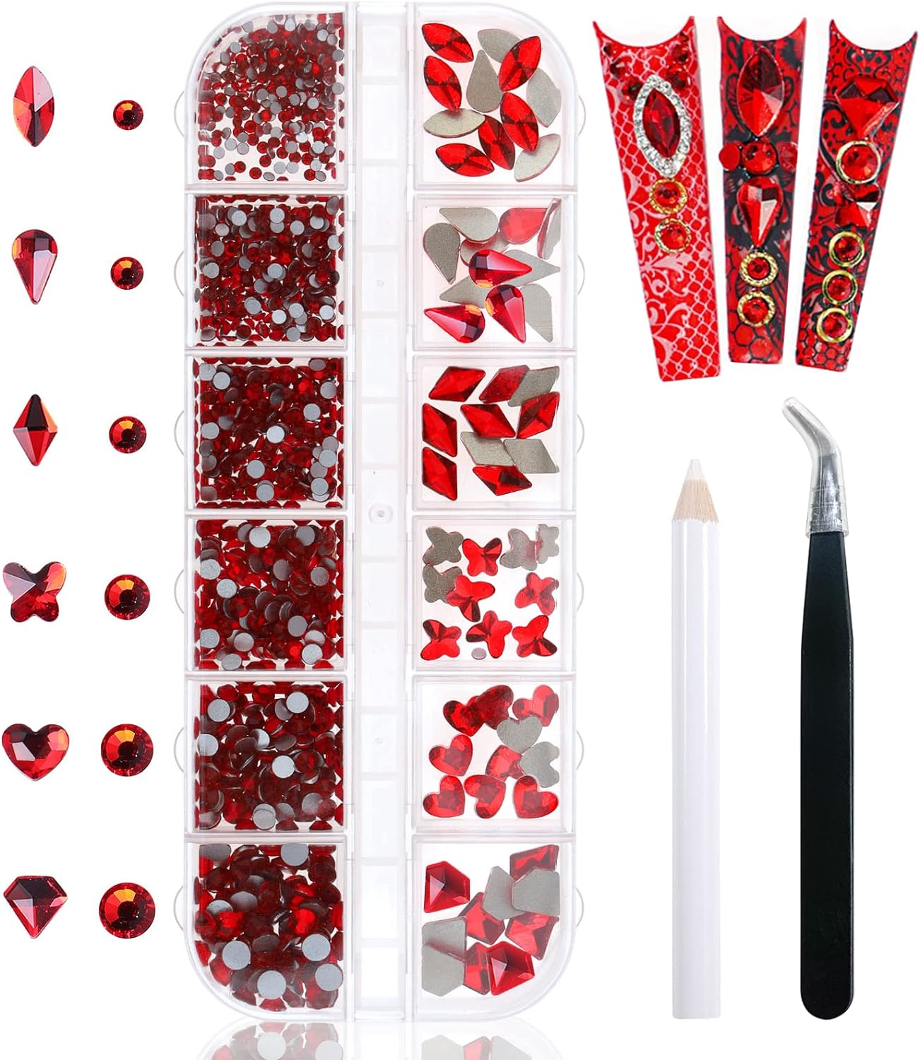 Yatinkim 810Pcs Red Nail Art Rhinestones Set Crafts Eye Face Gems Nail Jewels Manicure Charms Design Makeup Supplies Accessories Shiny Wax Pencil image number 2
