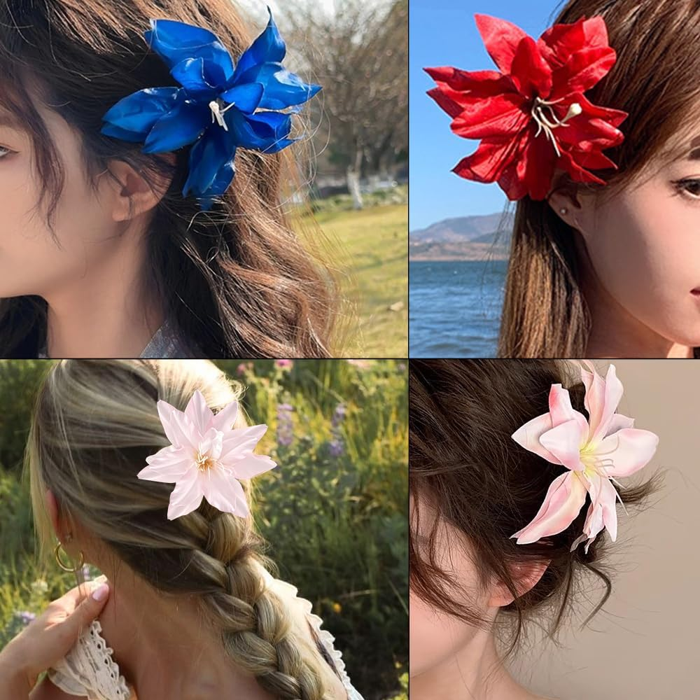 Lily Hair Clip Flower 12 Cm Blue Pink Red Hawaiian Hair Clip Flower Side Lily Floral Hair Clips Women'S Colourful Tropical Hair Clips Flowers Summer Beach Holiday Lily Flower Hair Clip Hair