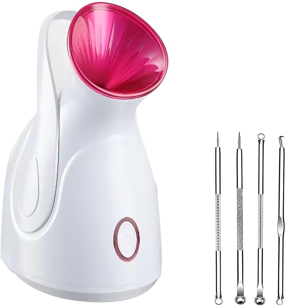 Facial Steamer - Nano Ionic Face Steamer Warm Mist Steamer for Home Sauna SPA, Humidifier for Face Steamer for Deep Cleaning Unclogs Pores Sinuses - Bonus 5 Piece Stainless Steel Skin Kit Rose Red image number 1