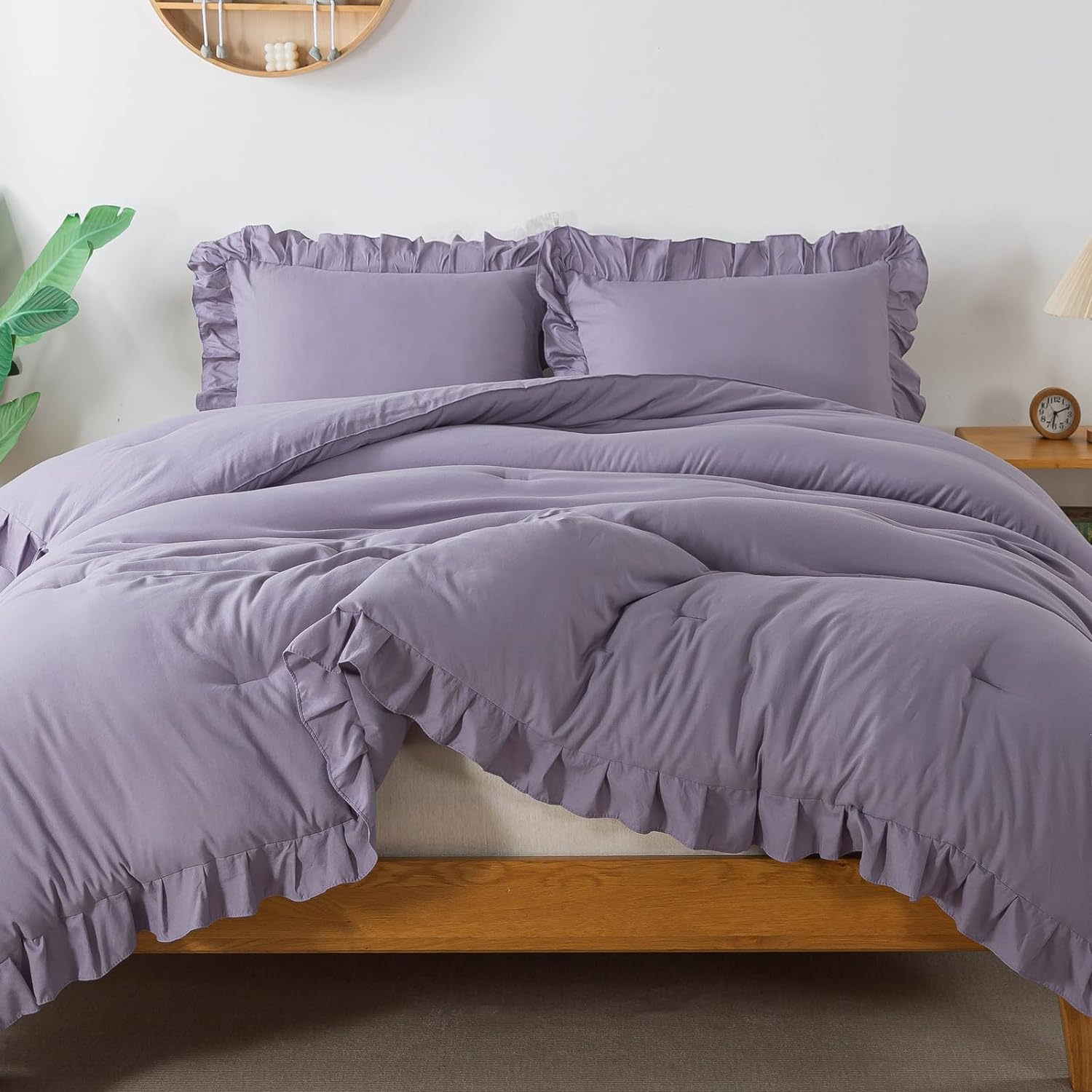 Andency Grayish Purple California King Comforter Set, 3 Pieces Cal King Ruffle Purple Comforter, Lightweight Oversized Farmhouse Shabby Chic Soft Microfiber Bedding Comforter Set (104X96Inch) image number 4