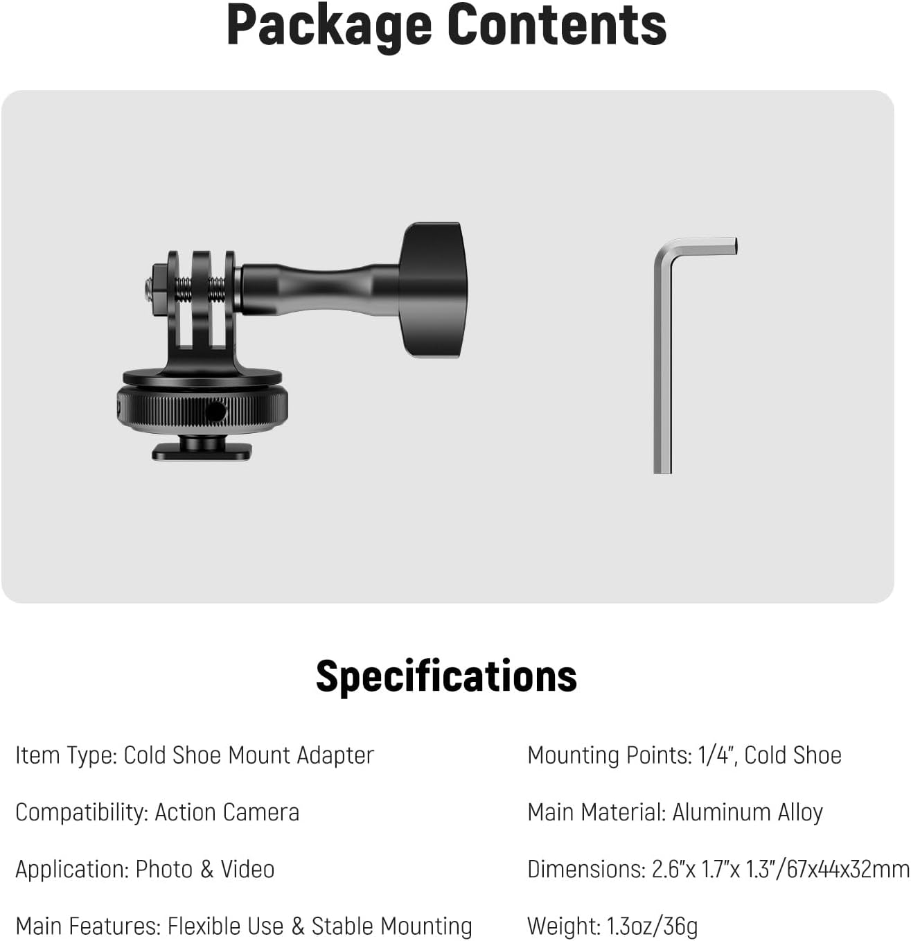 NEEWER Action Camera Cold Shoe Mount Adapter Compatible with Gopro Accessories Go Pro DJI Insta360 AKASO, Metal 1/4" Thread Hot Shoe Mount for Mini Tripod Selfie Stick, 180&deg; Tilt, GP-63 image number 6