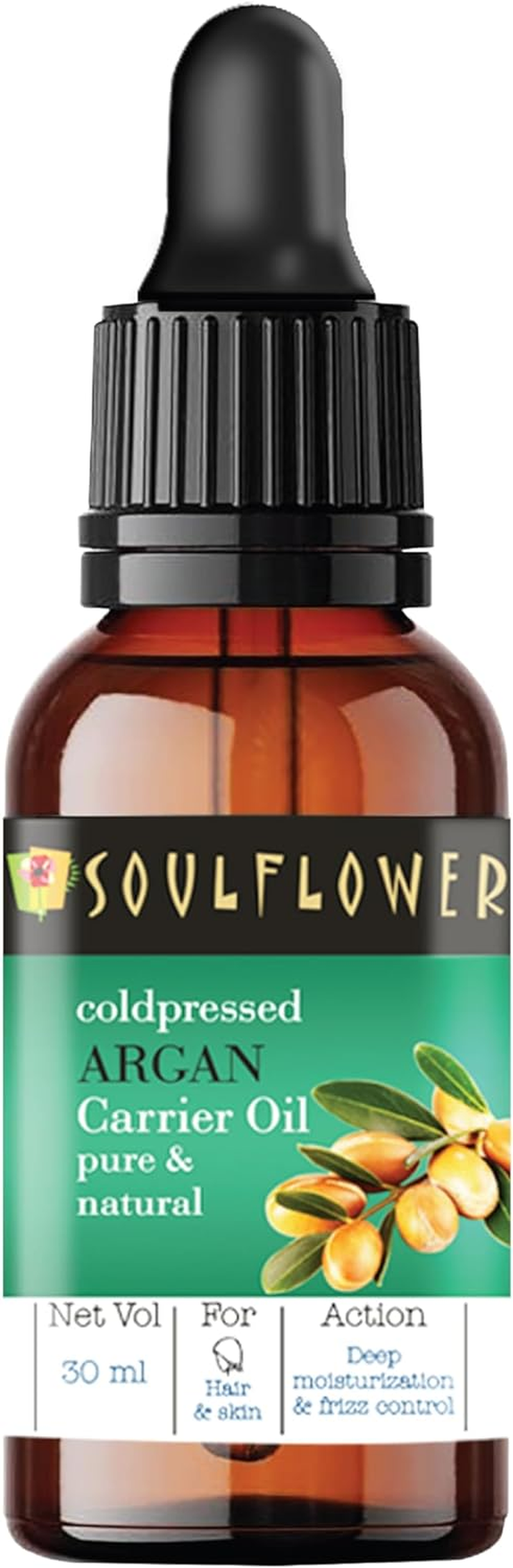 Soulflower Moroccan Argan Oil for Frizzy Hair, Stretch Marks, Nails, Lips, and Dry Skin - 100% Pure, Organic, Natural, Cruelty-Free - 1 Fl Oz / 30Ml