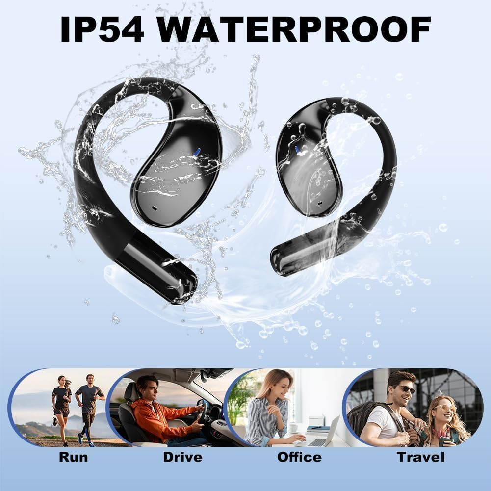 Caijin Wireless Bluetooth Sports Earbuds with Bluetooth 5.4 Technology, Open Ear Hook Design, Powerful Bass, ENC Noise Cancellation, IP54 Waterproof, 60 Hours Playtime (Black) - White image number 3