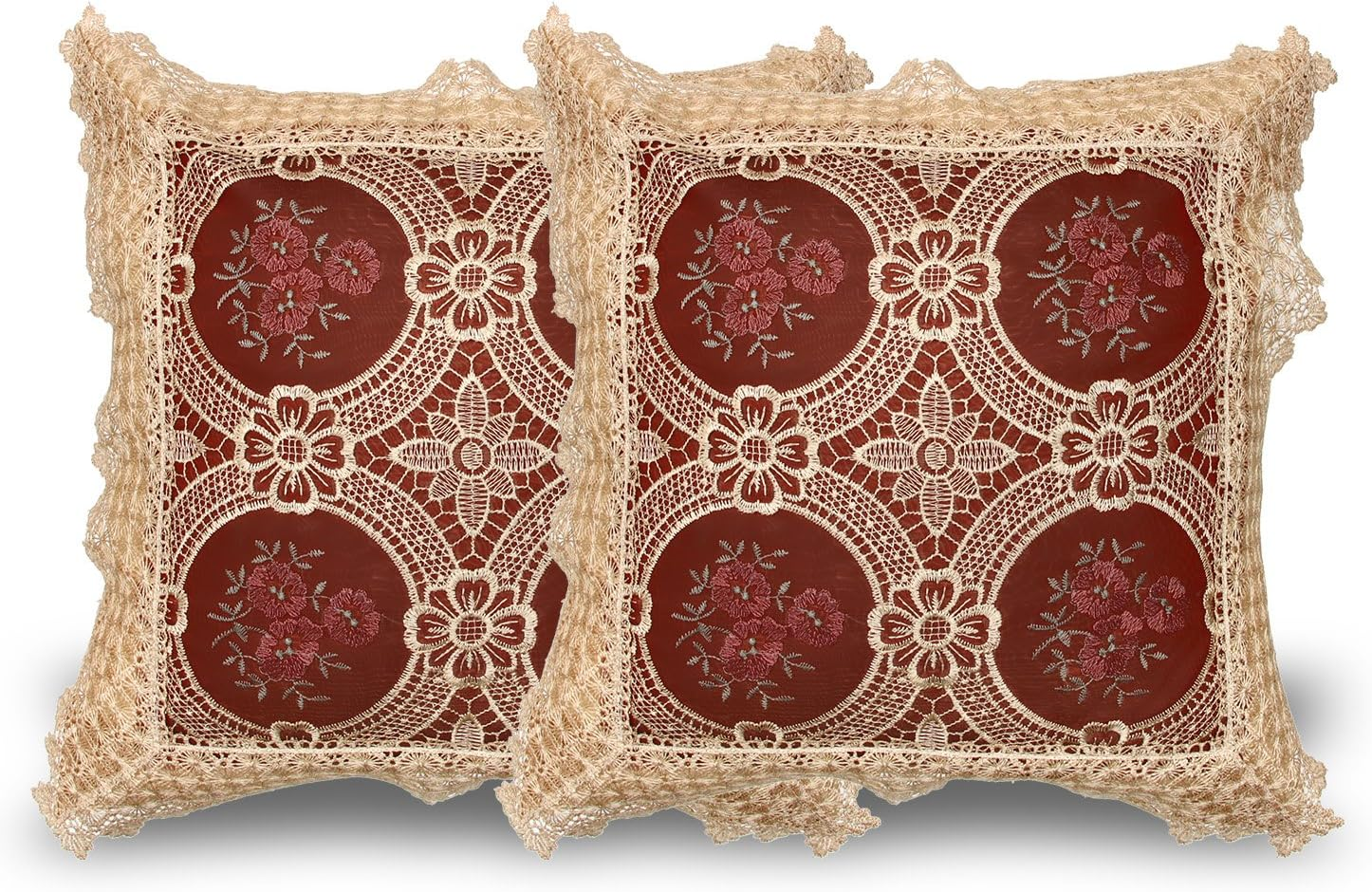Simhomsen Set of 2 Decorative Lace Throw Pillow Case Shams Cushion Cover, Square 18 &times; 18 Inches, Vintage Look, Burgundy, Only the Cushion Cover, without Pillow Insert