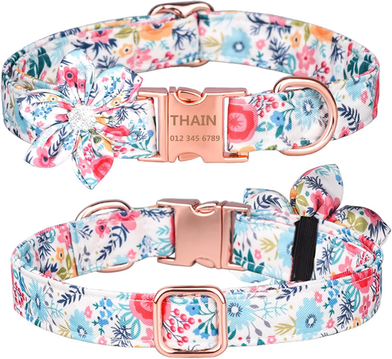 THAIN Custom Flower Girl Dog Collar Personalized for Female Dogs- Floral Pattern Engraved Pet Collars with Name Personalized Rose Gold Buckle (S(Neck 10.2-16.5"), White Flower) image number 5