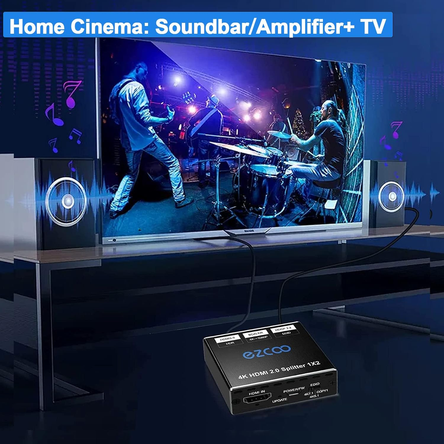 HDMI Splitter 1 in 2 Out 4K 60Hz 1080P 120Hz 4:4 HDR D-Olby Vision D-Olby Atmos Scaler 4K 1080P, Firmware Upgrade HDCP2.2, Scaler EDID Switch, USB Power image number 6