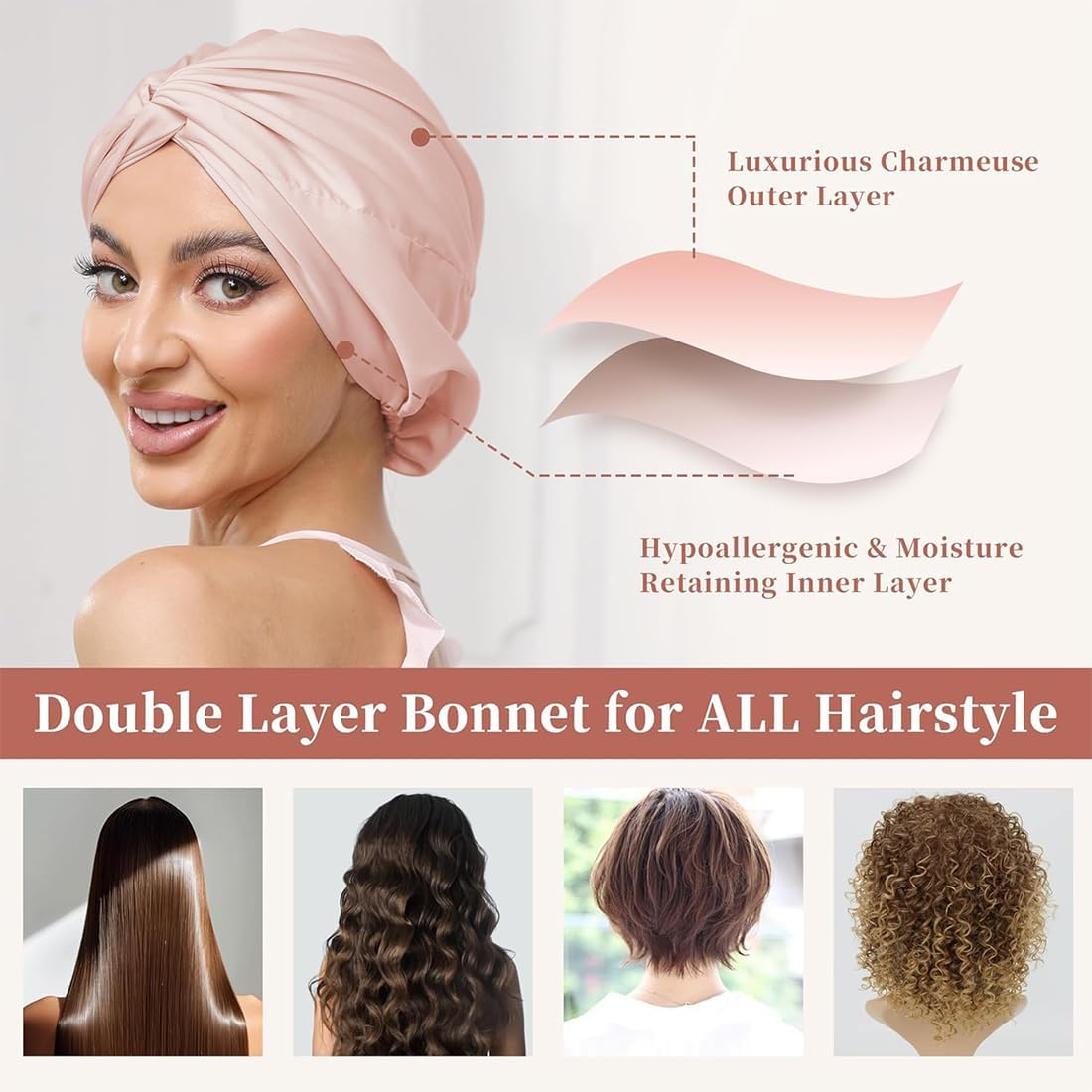 JYNVO 2 Pack Breathable and Soft Satin Sleep Cap and Scrunchie Hair Scrunchie Keeps Curls in Shape Prevents Frizz and Hair Breakage Suitable for Women with Any Hair Type image number 5