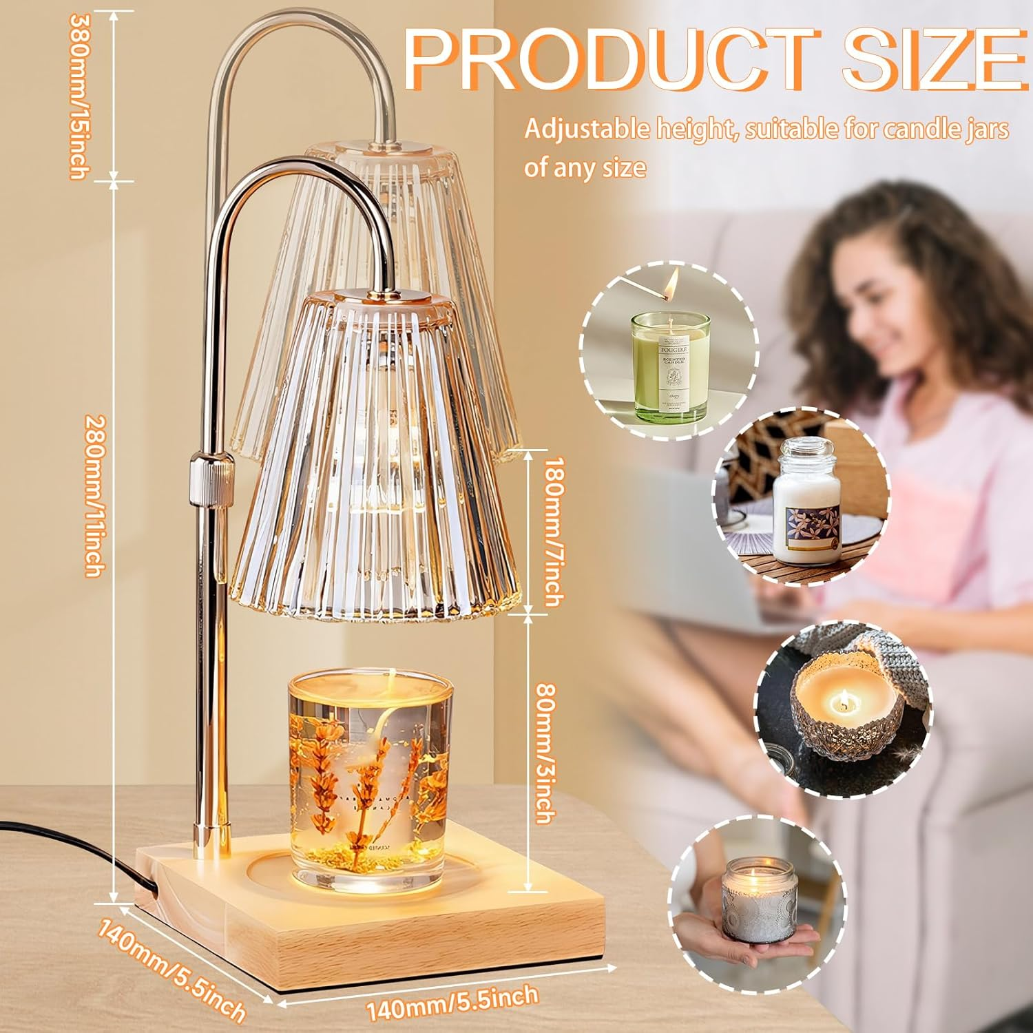 Candle Warmer Lamp with Timer Dimmer,Adjustable Height,2 Bulbs,Electric Wax Warmer Vintage for Scented Jar Candle,Home Decor Products for Christmas Birthday Gifts (Candle Warmer) image number 4