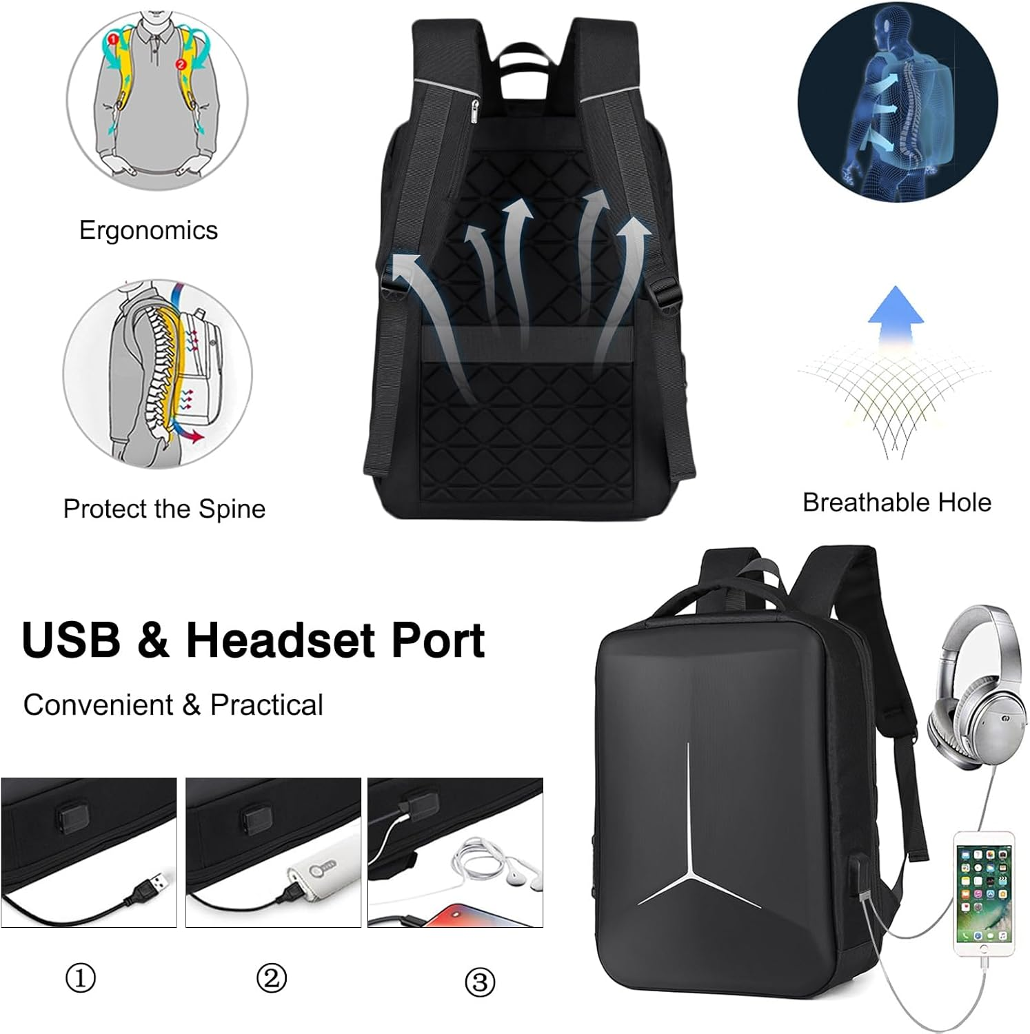 FANDARE Anti-Theft Laptop Business Backpack with USB Daypack 180-Degree Opening Travel Rucksack image number 3