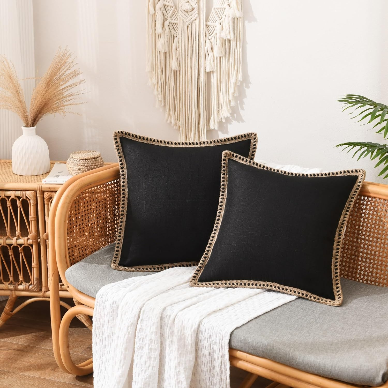 Nordeco HOME Set of 2 Throw Pillow Covers - Burlap Linen Trimmed Tailored Edges Decorative Cushion Covers for Bed Home Decoration, 20 X 20 image number 4