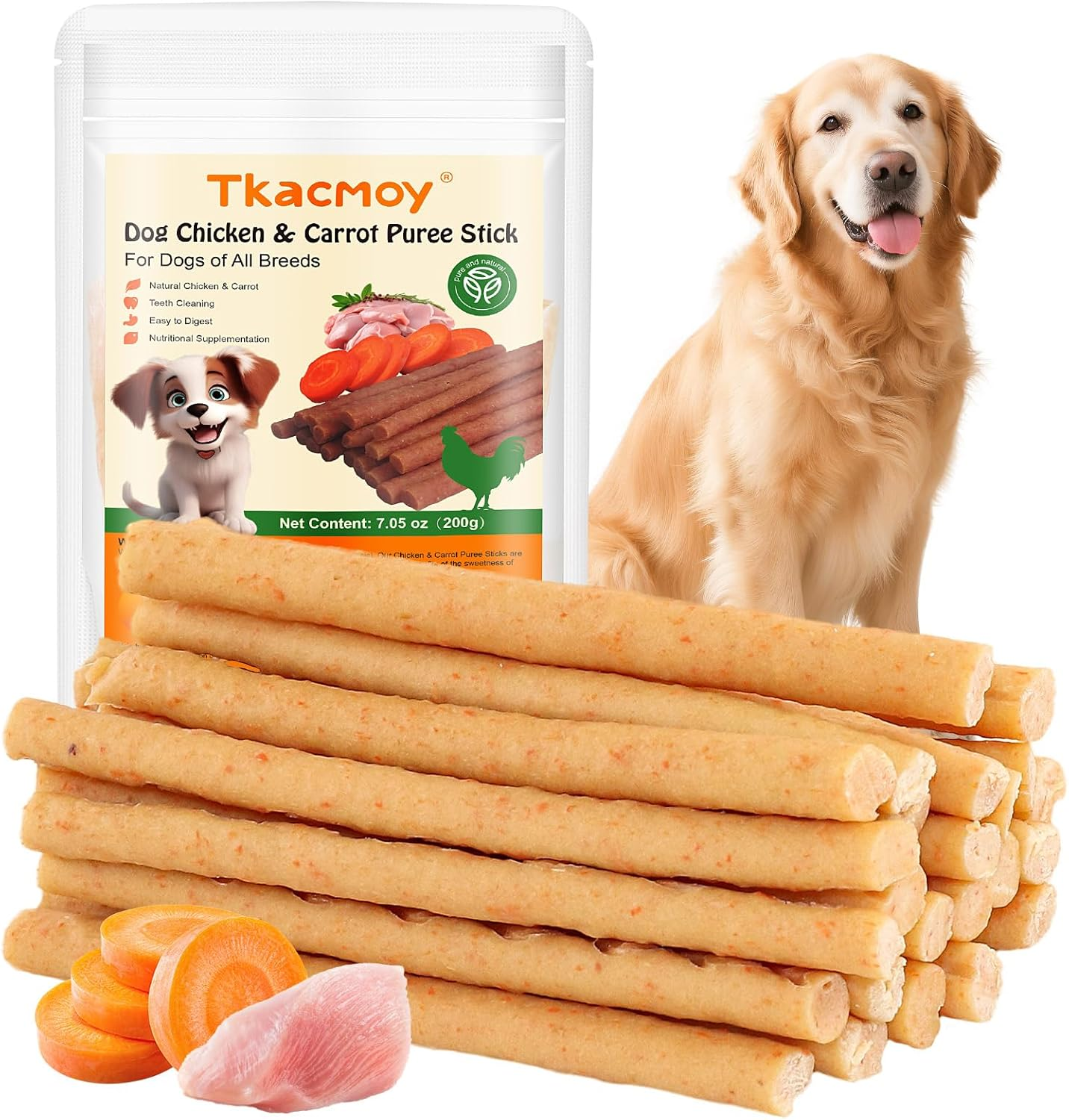 Healthy Dog Chicken and Carrot Stick Treats，Natural Chewing Sticks with Vitamins for Dental Health, Dog Treat for All Breeds, Puppy to Adult 7.05 Oz（200G） image number 1